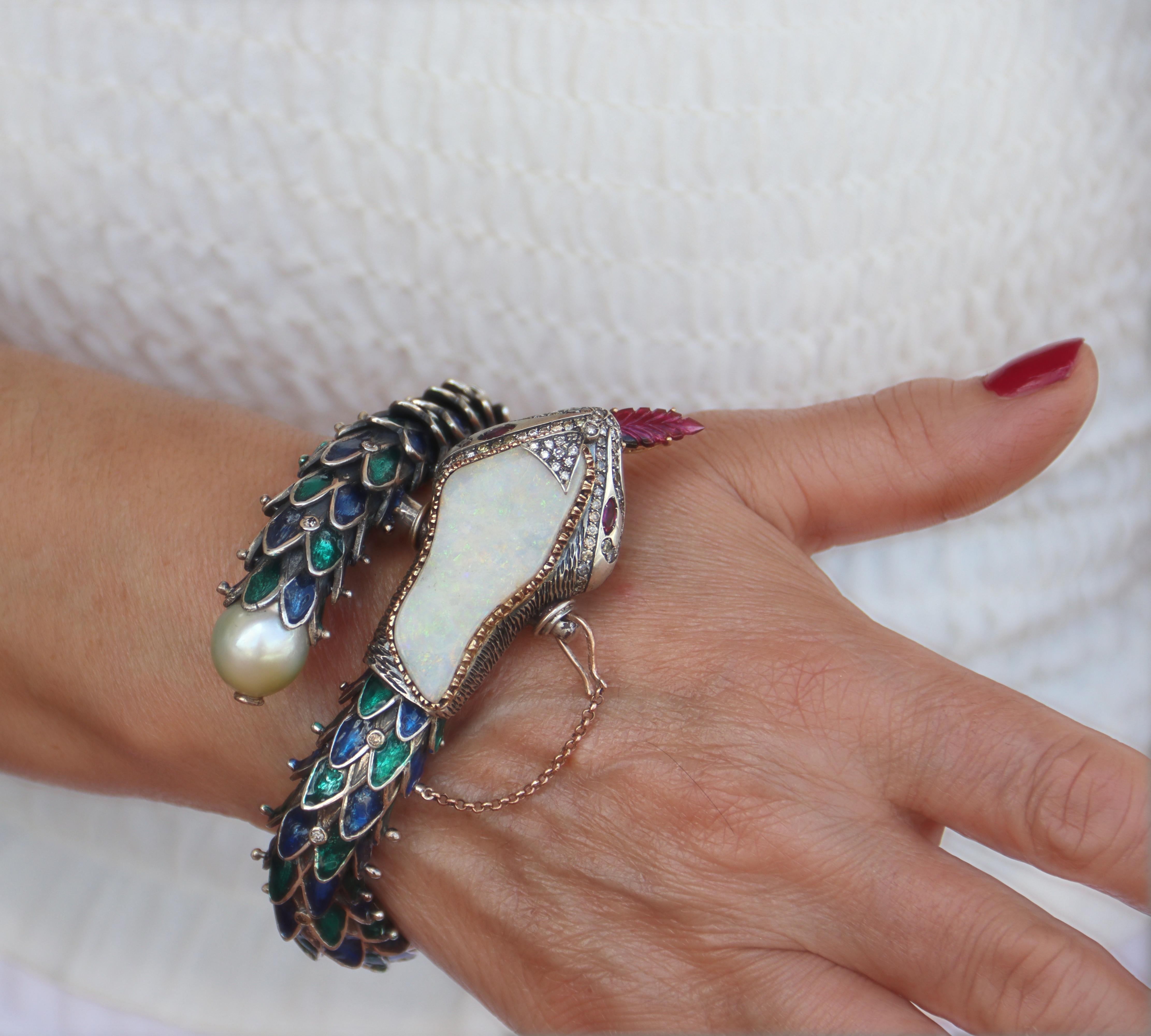 Manschettenarmband aus 14 Karat Gelbgold und Silber mit Schlangen, Diamanten, Rubinen, Opal und Perlen im Angebot 5