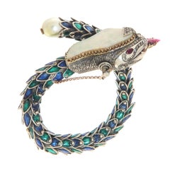 Snake Diamonds Rubies Opal Pearl 14 Karat Yellow Gold and Silver Cuff Bracelet