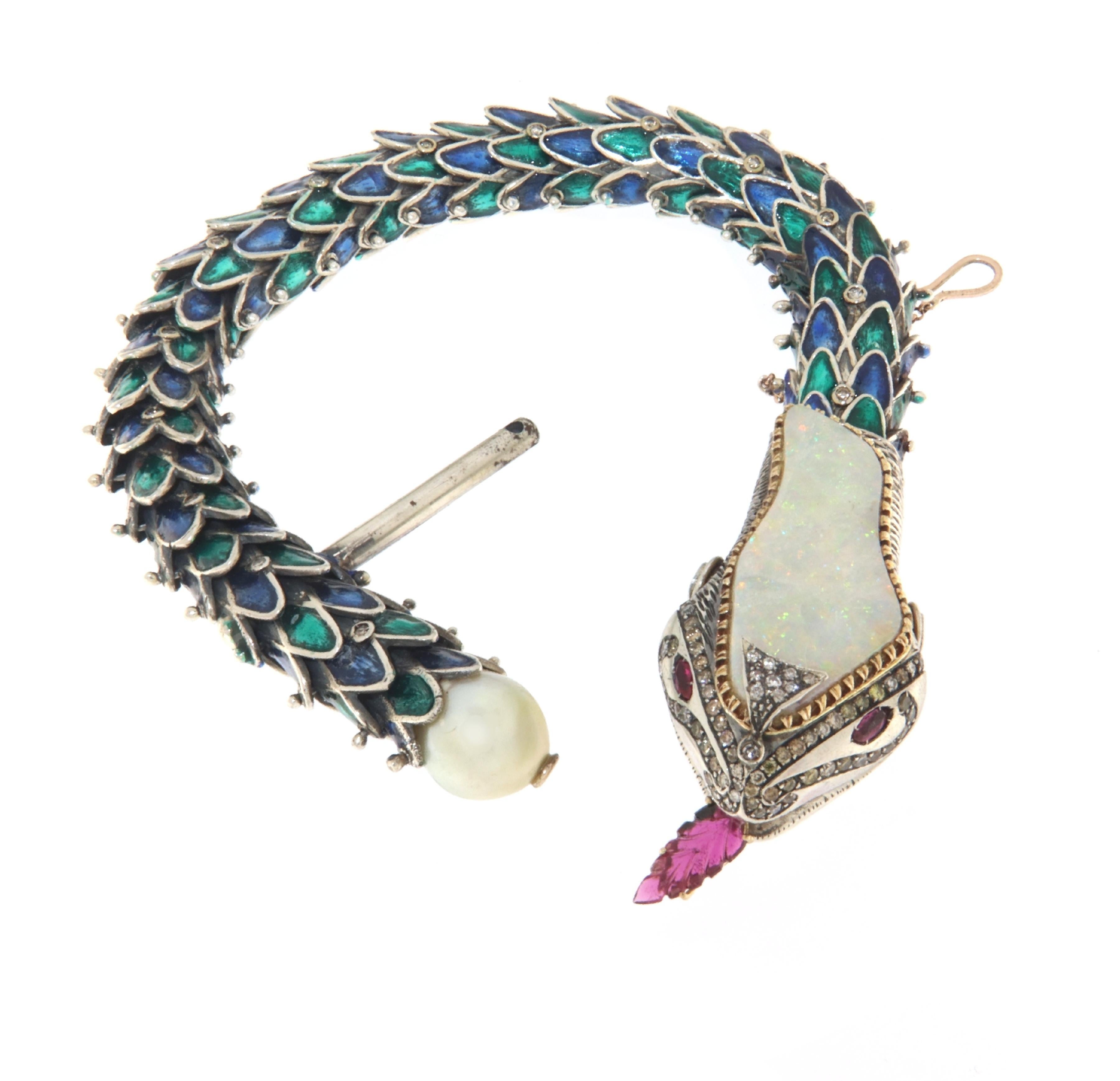 Manschettenarmband aus 14 Karat Gelbgold und Silber mit Schlangen, Diamanten, Rubinen, Opal und Perlen für Damen oder Herren im Angebot