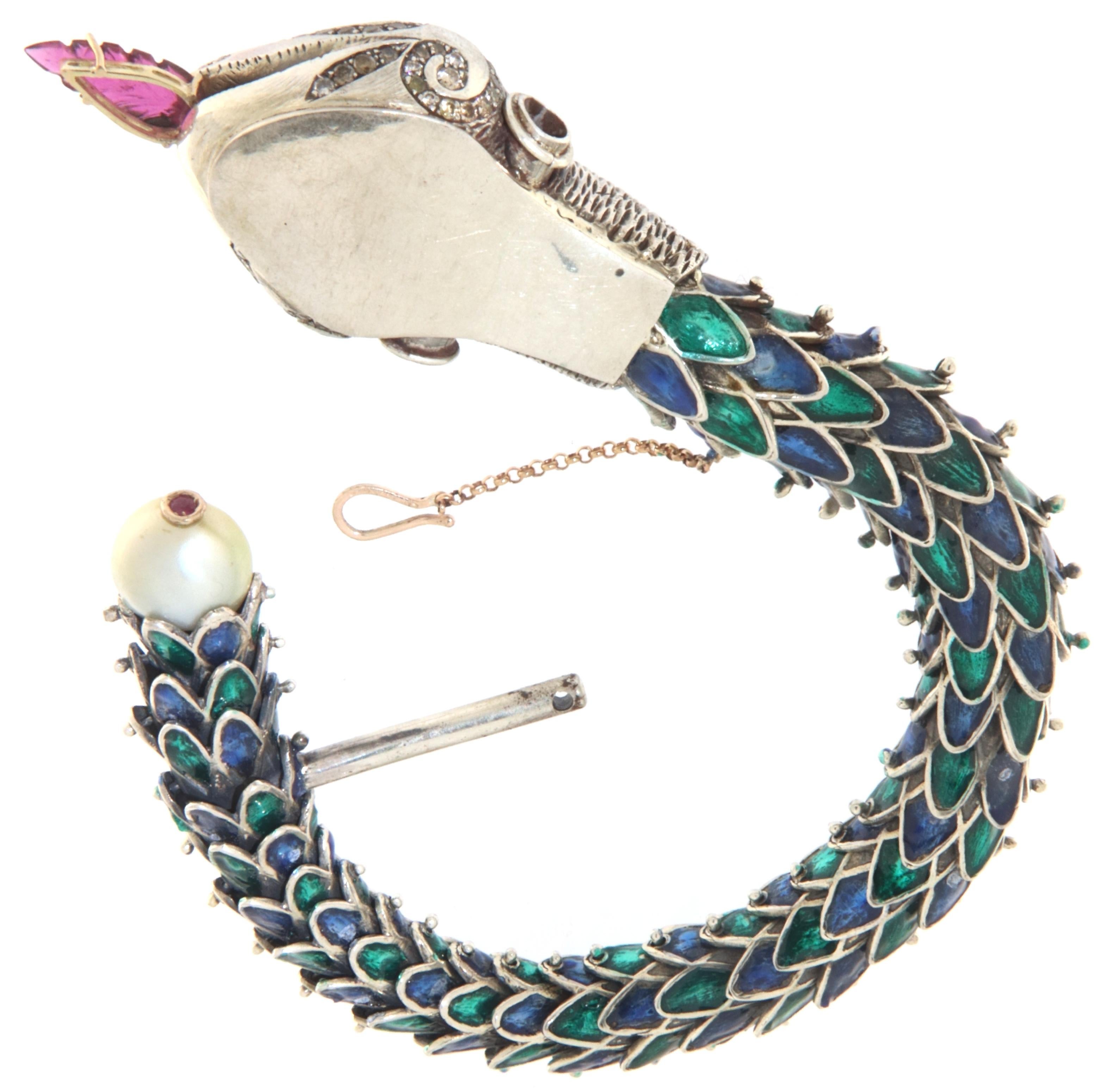 Manschettenarmband aus 14 Karat Gelbgold und Silber mit Schlangen, Diamanten, Rubinen, Opal und Perlen im Angebot 1