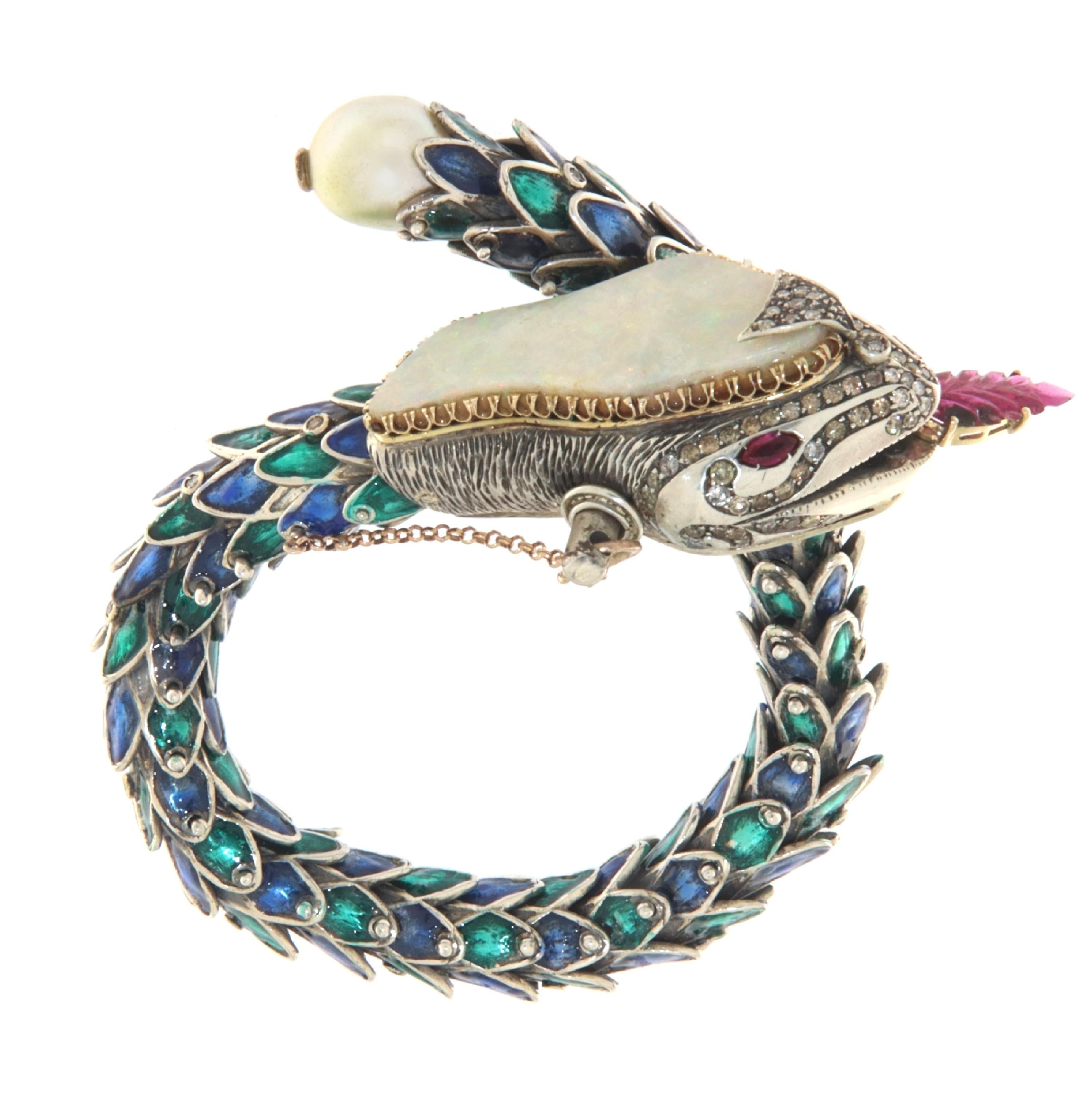 Manschettenarmband aus 14 Karat Gelbgold und Silber mit Schlangen, Diamanten, Rubinen, Opal und Perlen im Angebot 2