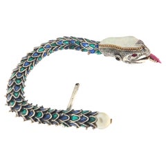 Snake Diamonds Rubies Opal Pearl 14 Karat Yellow Gold and Silver Cuff Bracelet