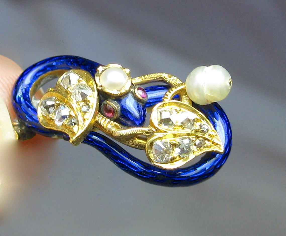 Women's Snake Earrings and Brooch Rose Cut Diamond Ruby Enamel 18 Karat Gold Victorian