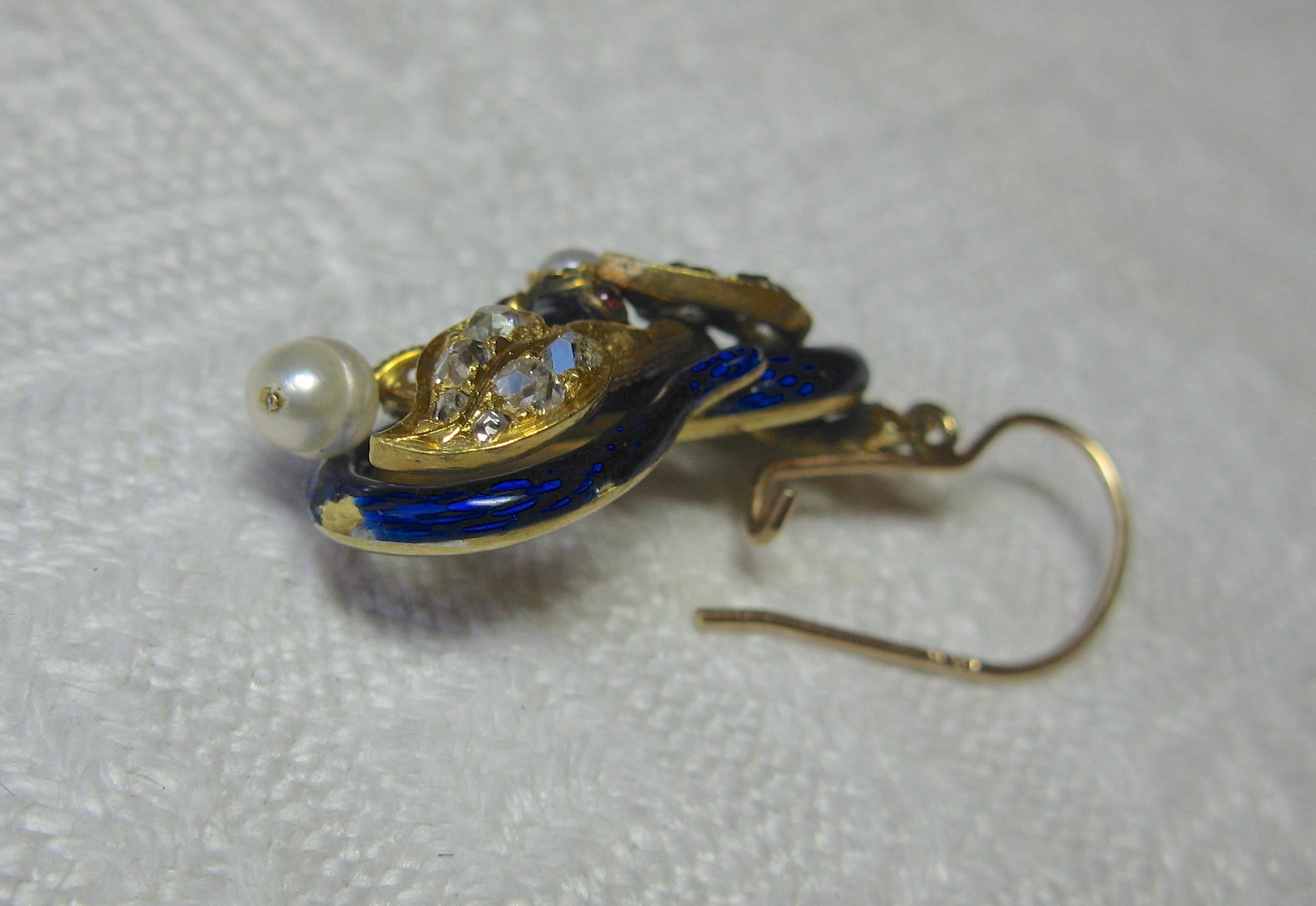 Snake Earrings and Brooch Rose Cut Diamond Ruby Enamel 18 Karat Gold Victorian 5