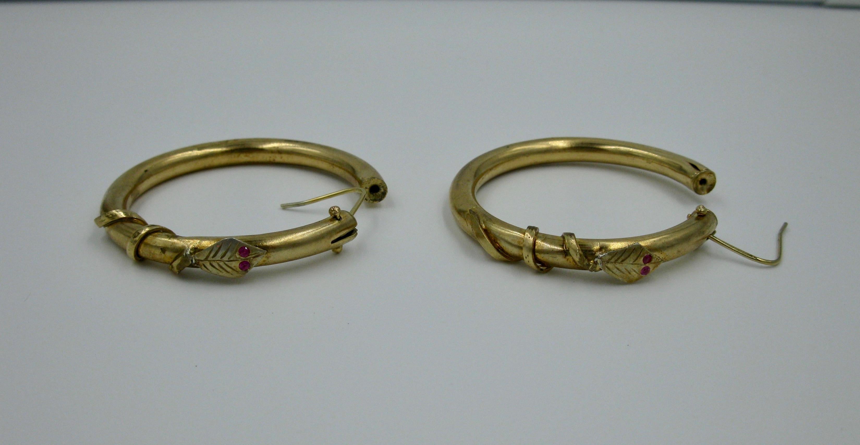 Round Cut Snake Earrings Victorian Ruby Gold Etruscan Revival Hoop