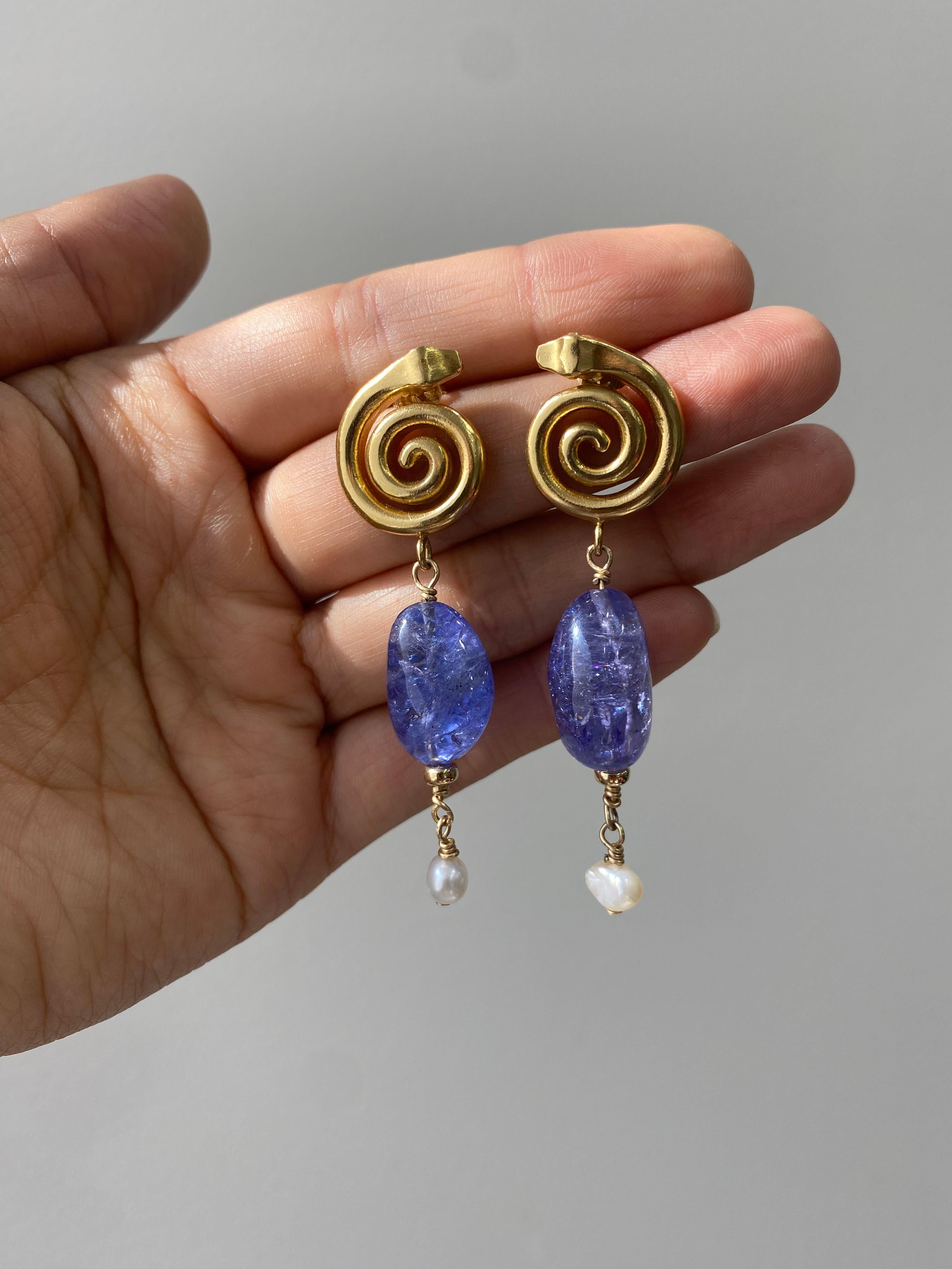 Tumbled 14K Spiral Snake Earrings with Natural Tanzanite For Sale