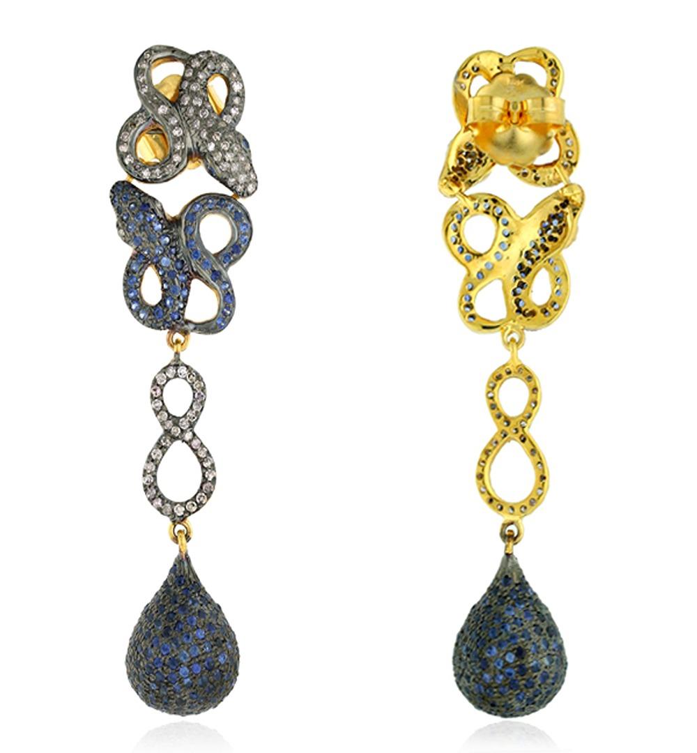 Artisan Snake Figure Fauna Dangle Earrings With Sapphire & Diamonds In 14k Gold & Silver For Sale