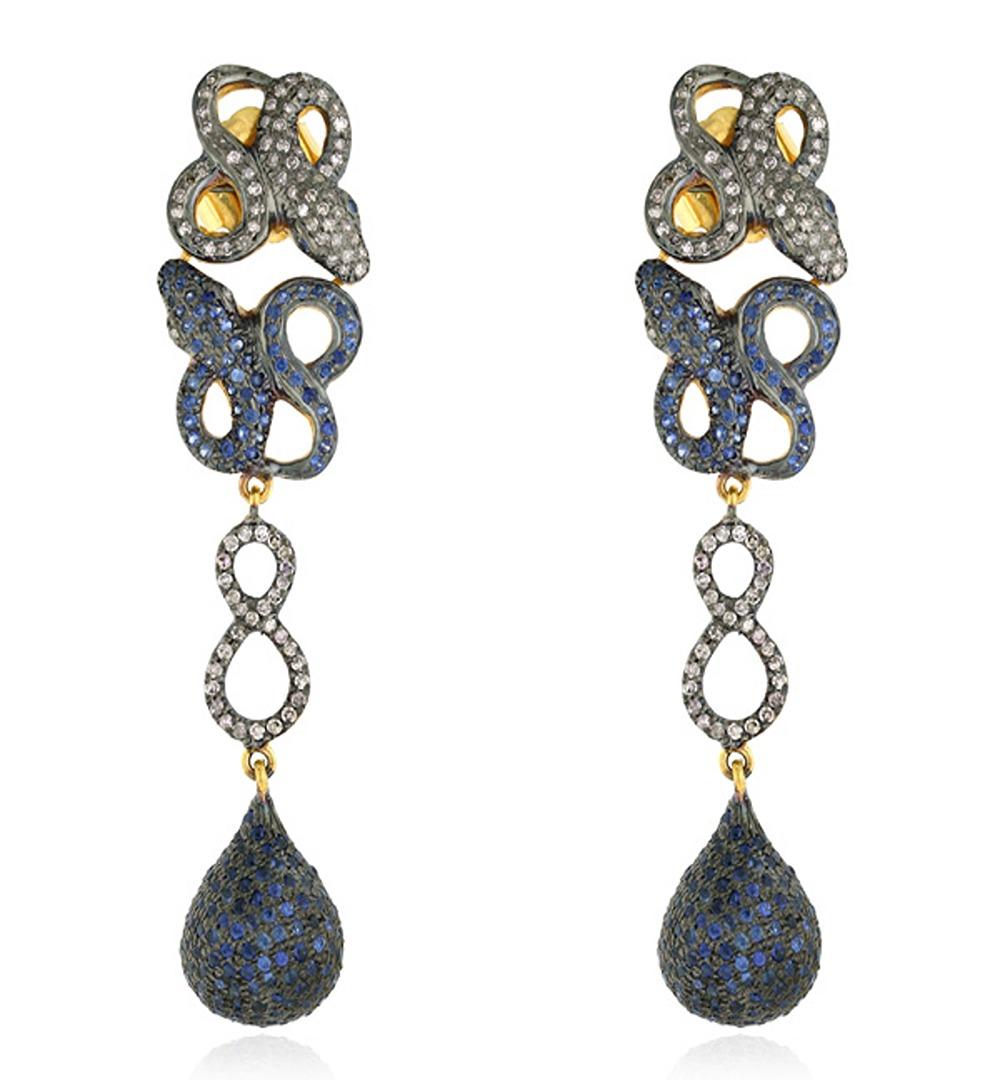 Mixed Cut Snake Figure Fauna Dangle Earrings With Sapphire & Diamonds In 14k Gold & Silver For Sale