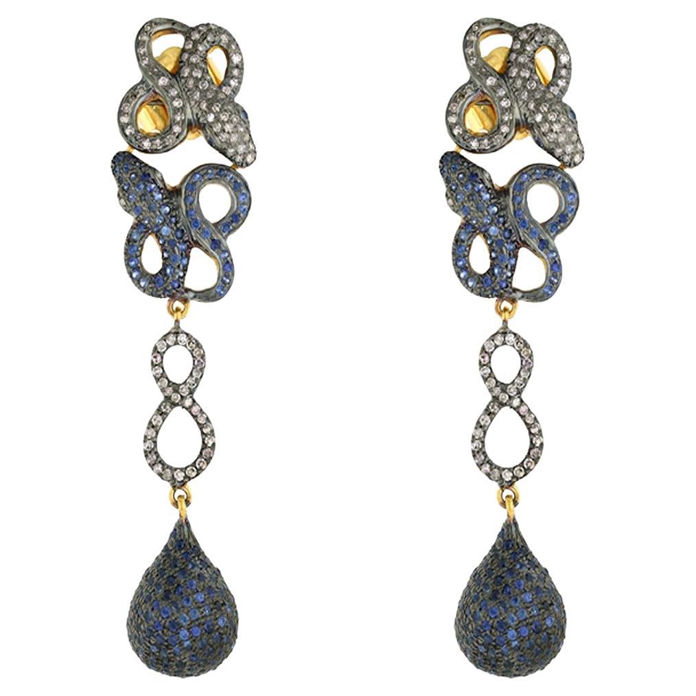Snake Figure Fauna Dangle Earrings With Sapphire & Diamonds In 14k Gold & Silver For Sale