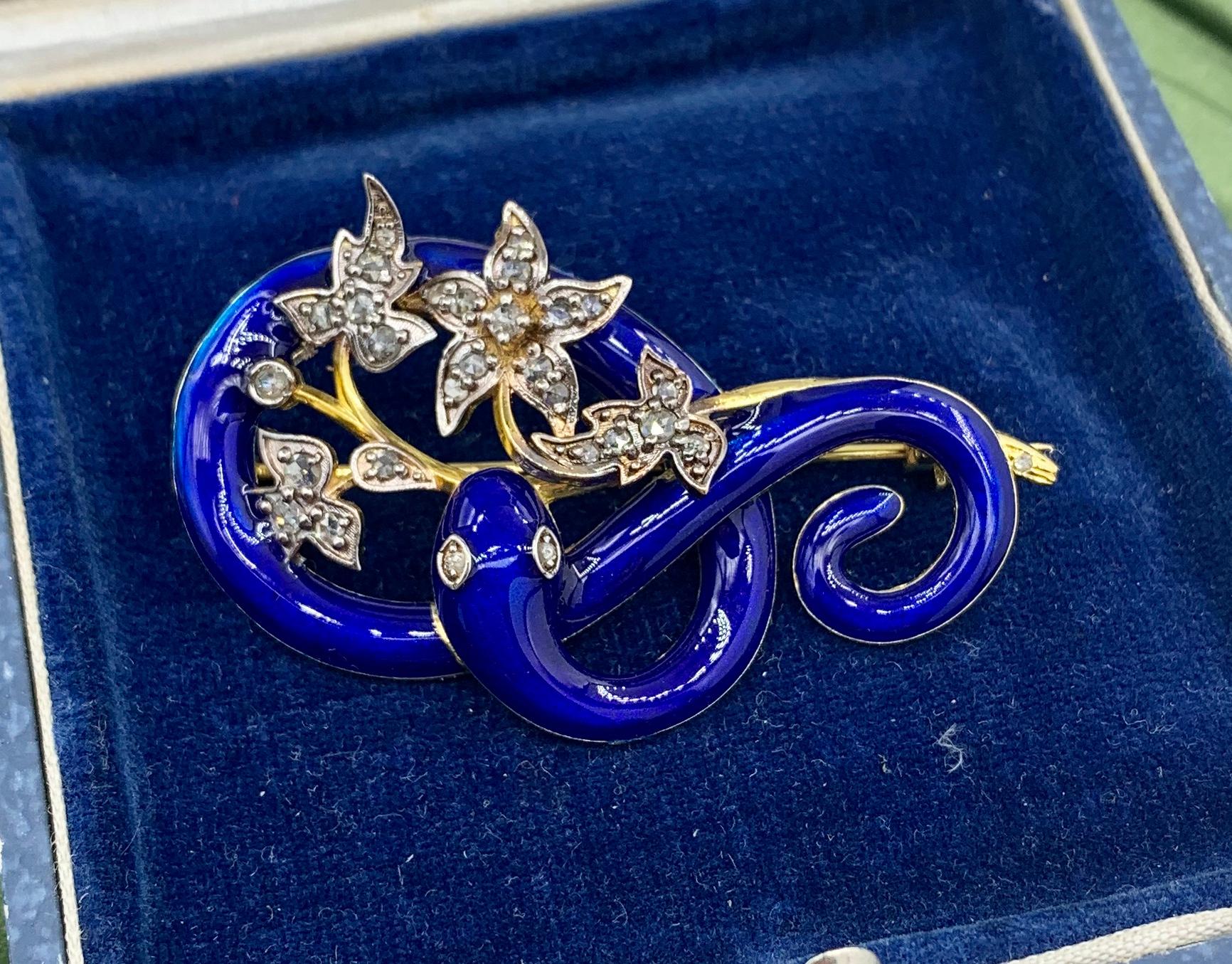 Victorian Snake Holding Flowers Brooch Rose Cut Diamond Royal Blue Enamel Flower Motif For Sale