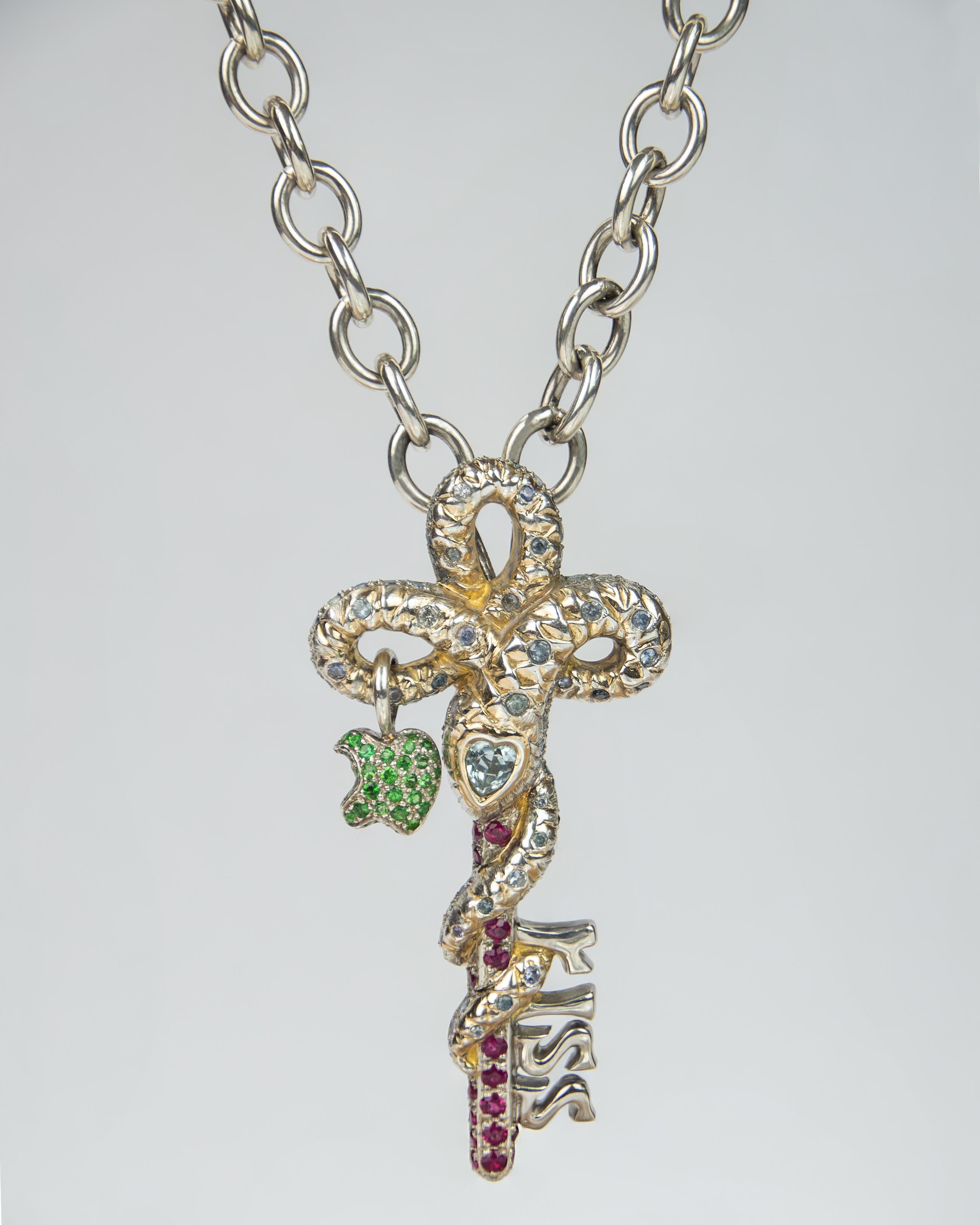 Mixed Cut Snake Kiss Gold-plated Silver, Sapphire, Ruby, and Tsavorite Necklace For Sale