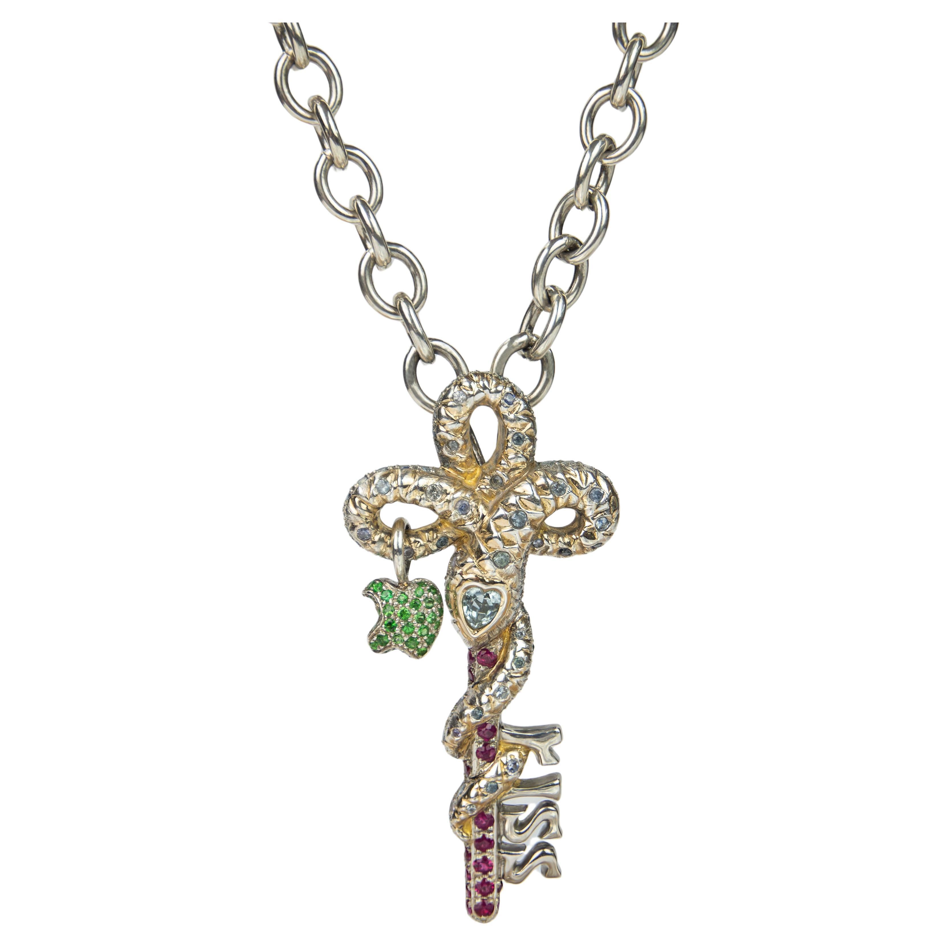 Snake Kiss Gold-plated Silver, Sapphire, Ruby, and Tsavorite Necklace For Sale