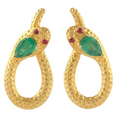Snake Knot 18 Karat Gold Emerald Ruby Stud Earrings