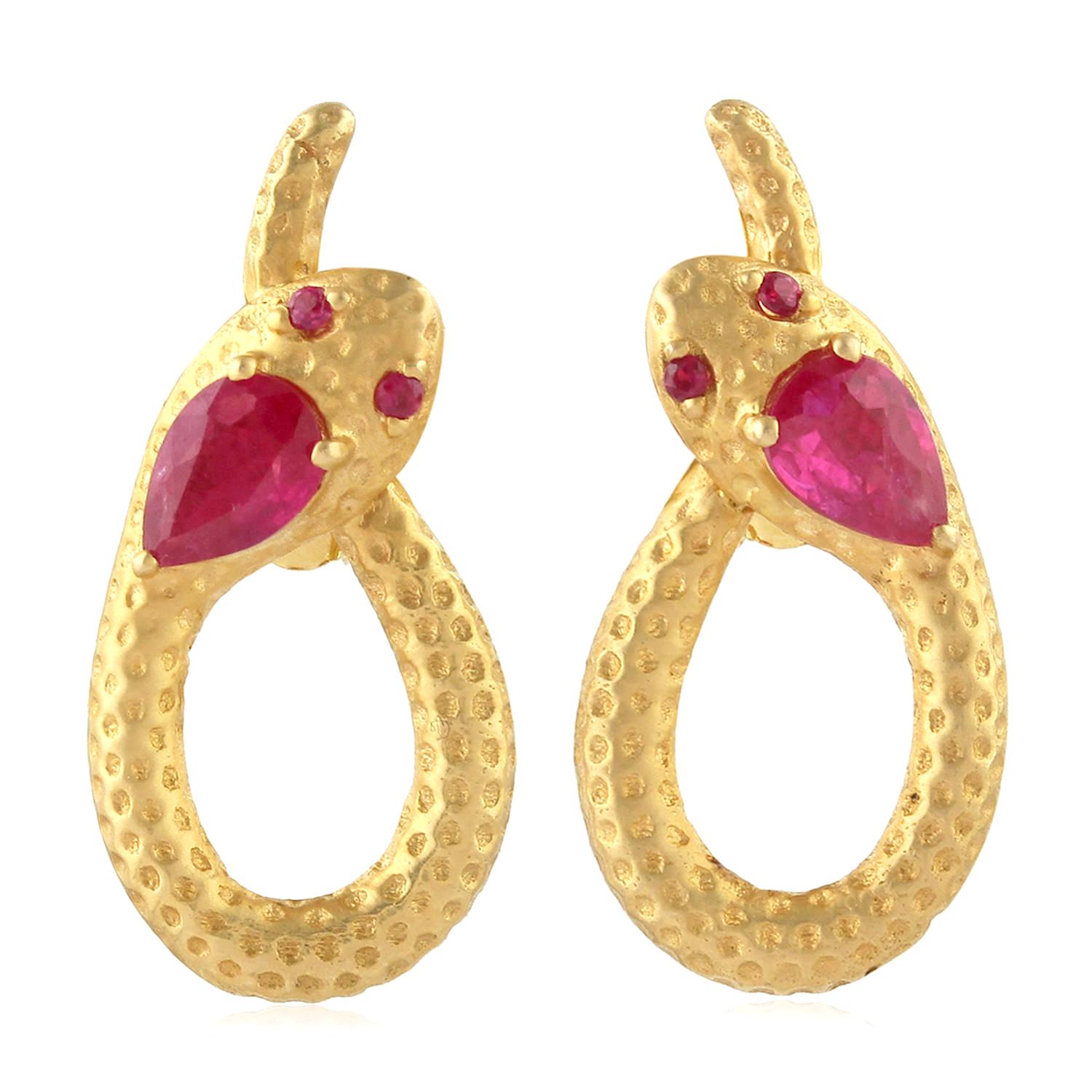 Pear Cut Snake Knot 18 Karat Gold Ruby Stud Earrings For Sale