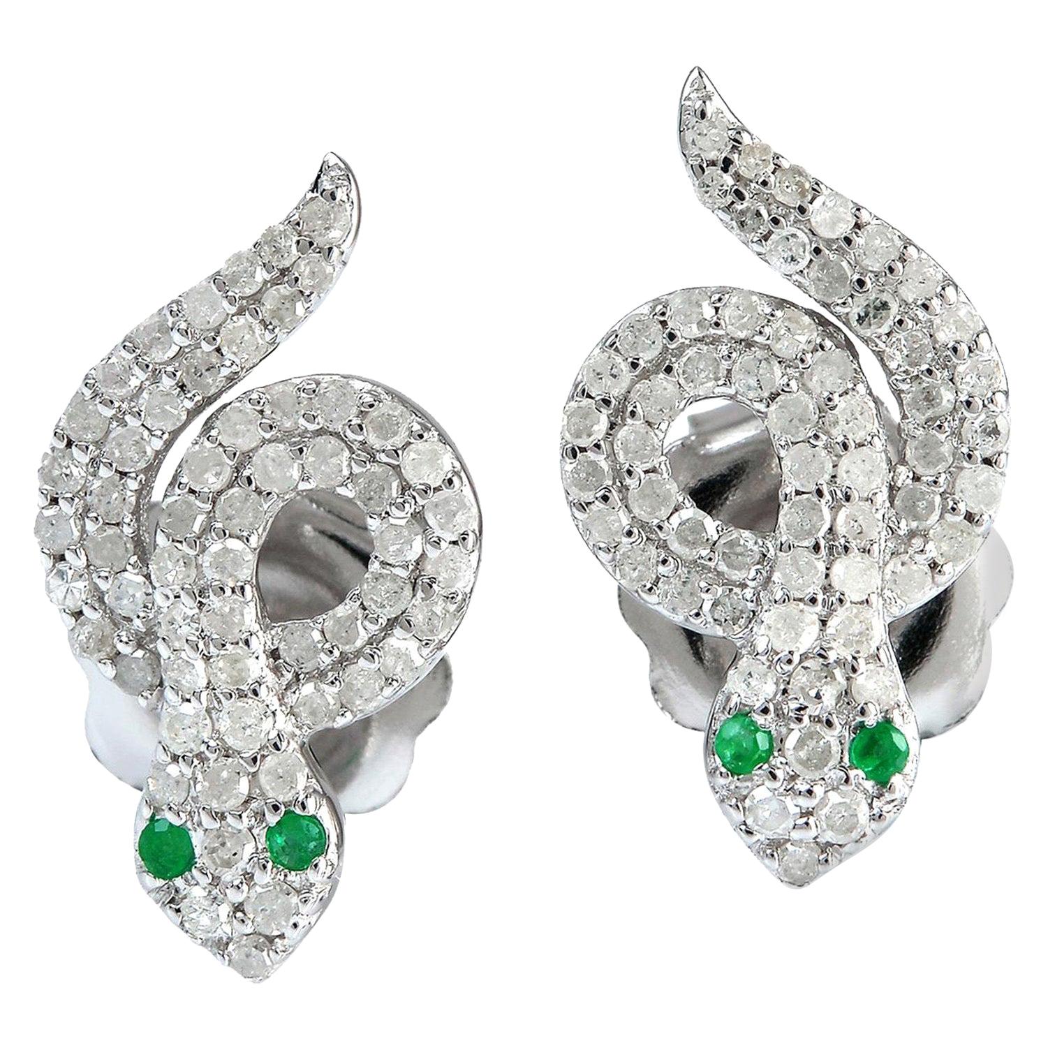 Snake Knot Diamond Emerald Stud Earrings For Sale