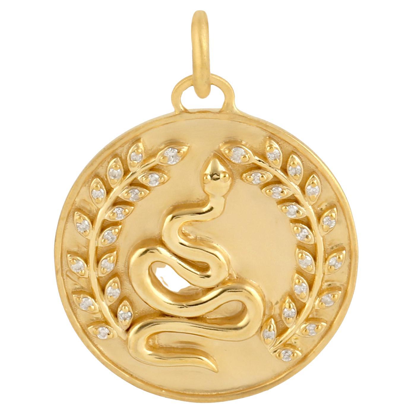Snake Leaf Diamond 14 Karat Gold Charm Pendant Necklace