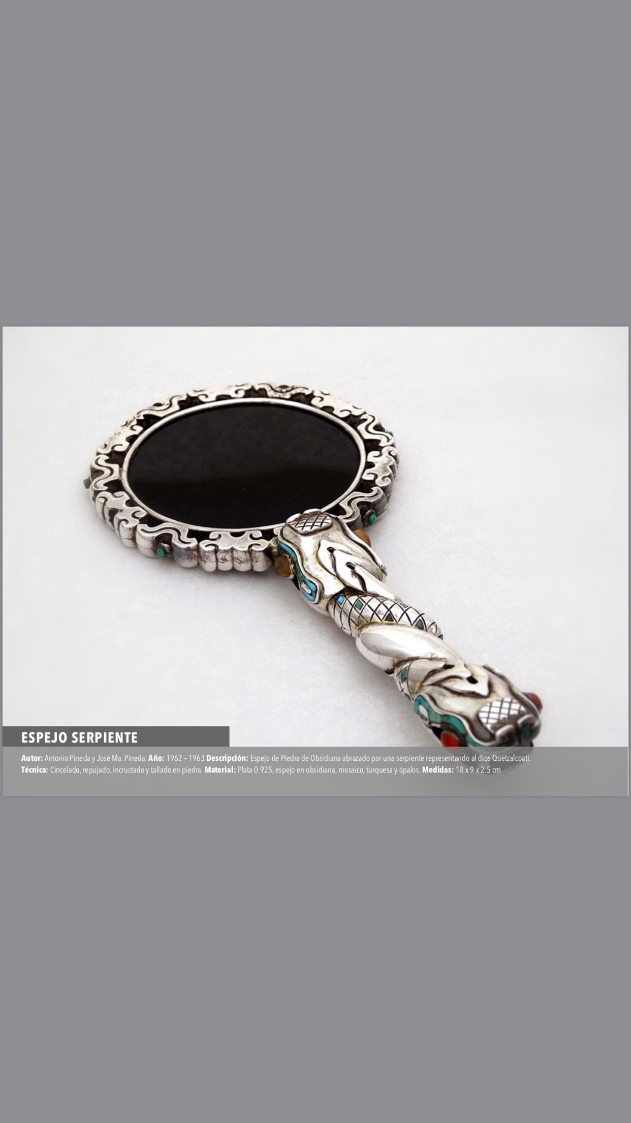 Obsidian and silver stone mirror, embraced by a serpent representing the Quetzalcoatl God. chiselled, embedded and carved stone