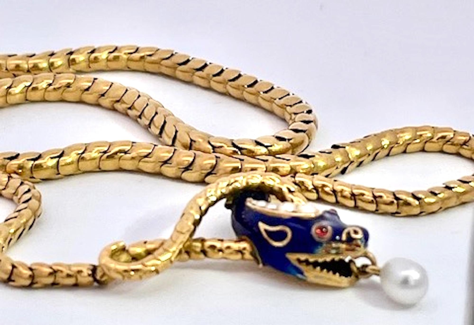 Collar de serpiente Oro amarillo de 15 quilates Esmalte azul cobalto 17 pulgadas en venta 5