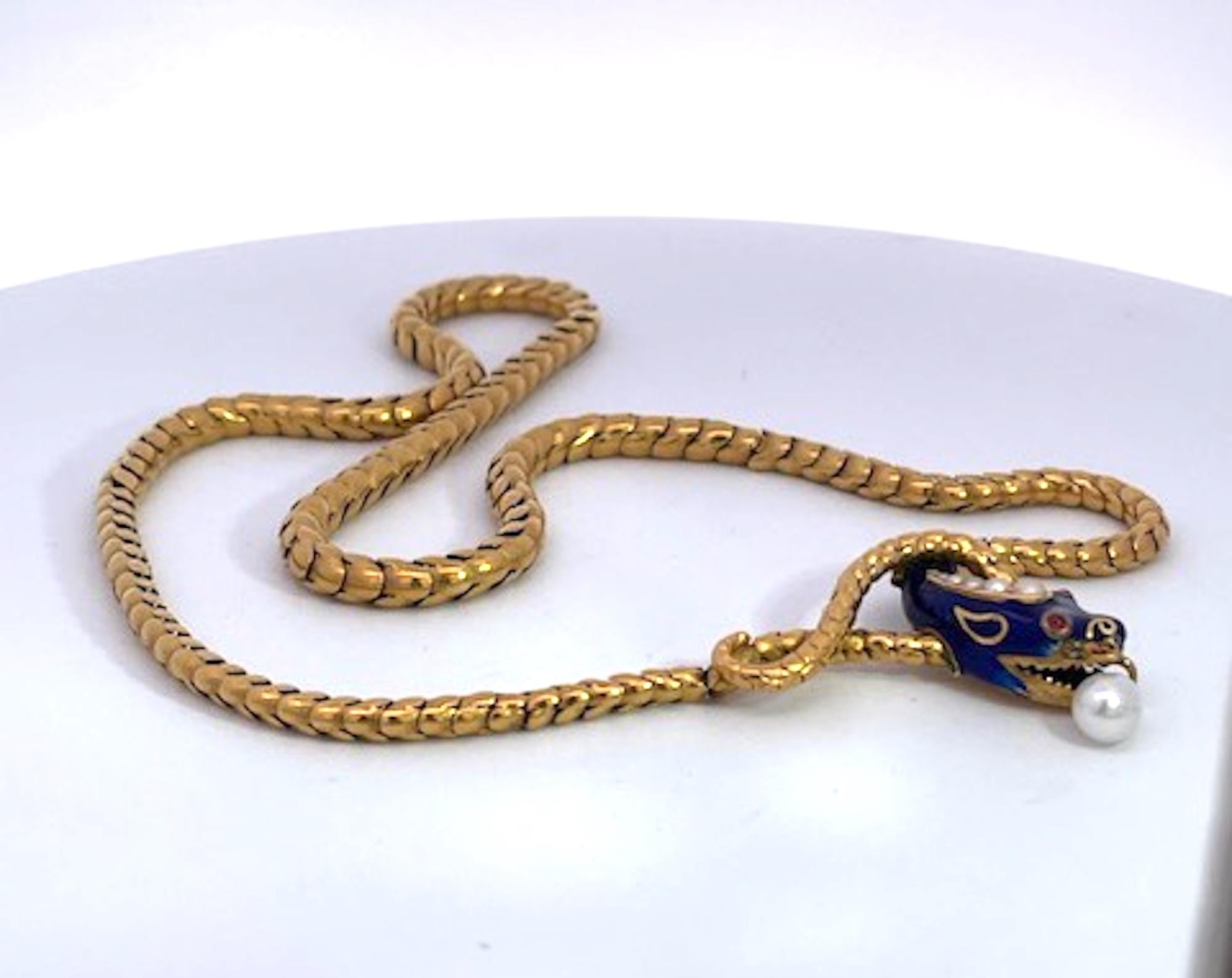 Collar de serpiente Oro amarillo de 15 quilates Esmalte azul cobalto 17 pulgadas en venta 6