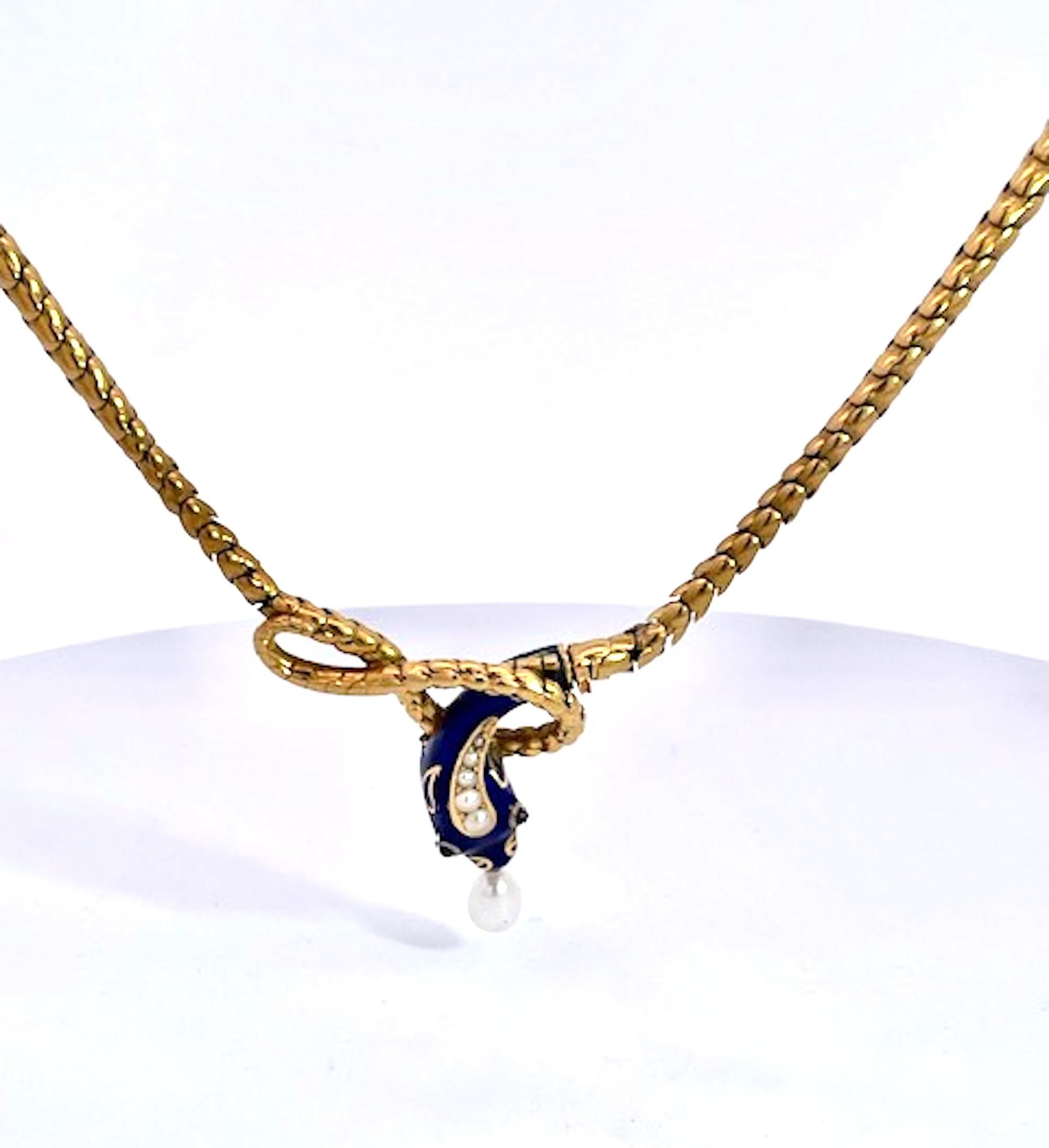 Collar de serpiente Oro amarillo de 15 quilates Esmalte azul cobalto 17 pulgadas en venta 7