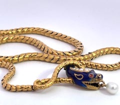 Snake Necklace 15K Yellow Gold Cobalt Blue Enamel 17"