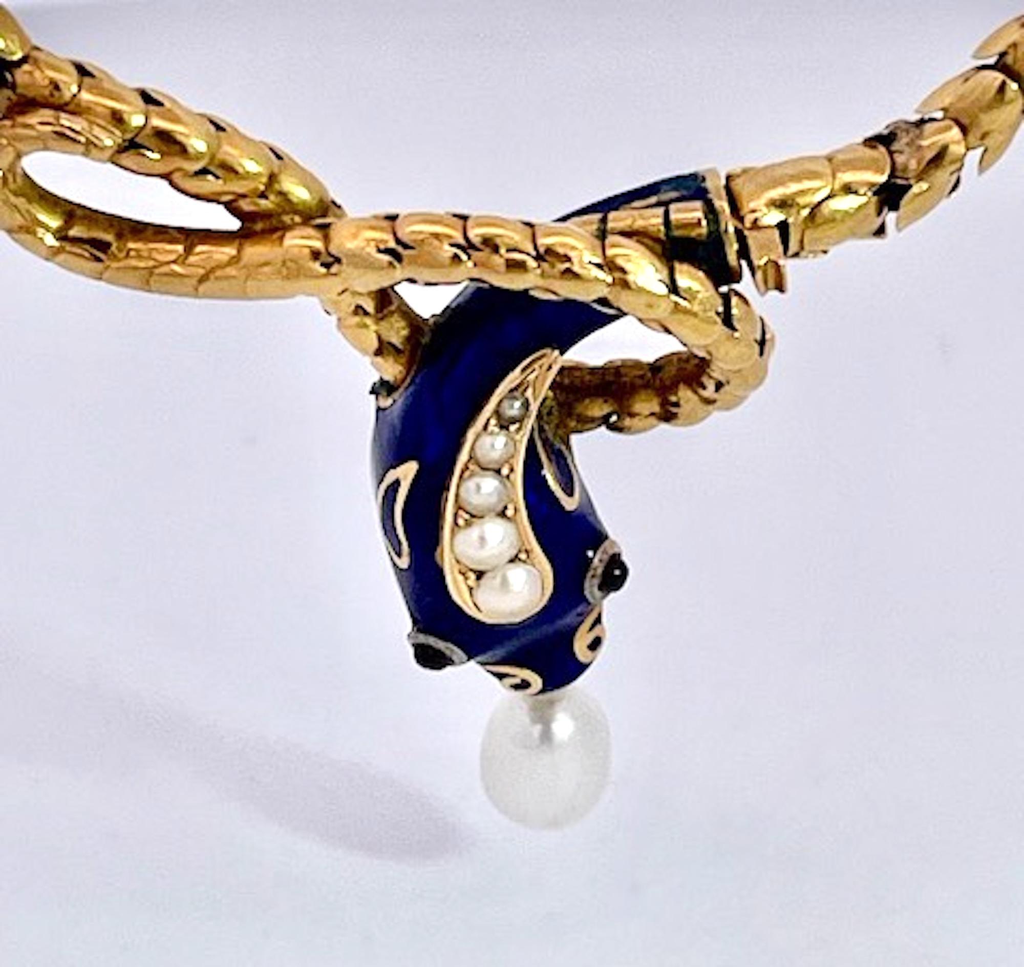 Collar de serpiente Oro amarillo de 15 quilates Esmalte azul cobalto 17 pulgadas Artesano en venta