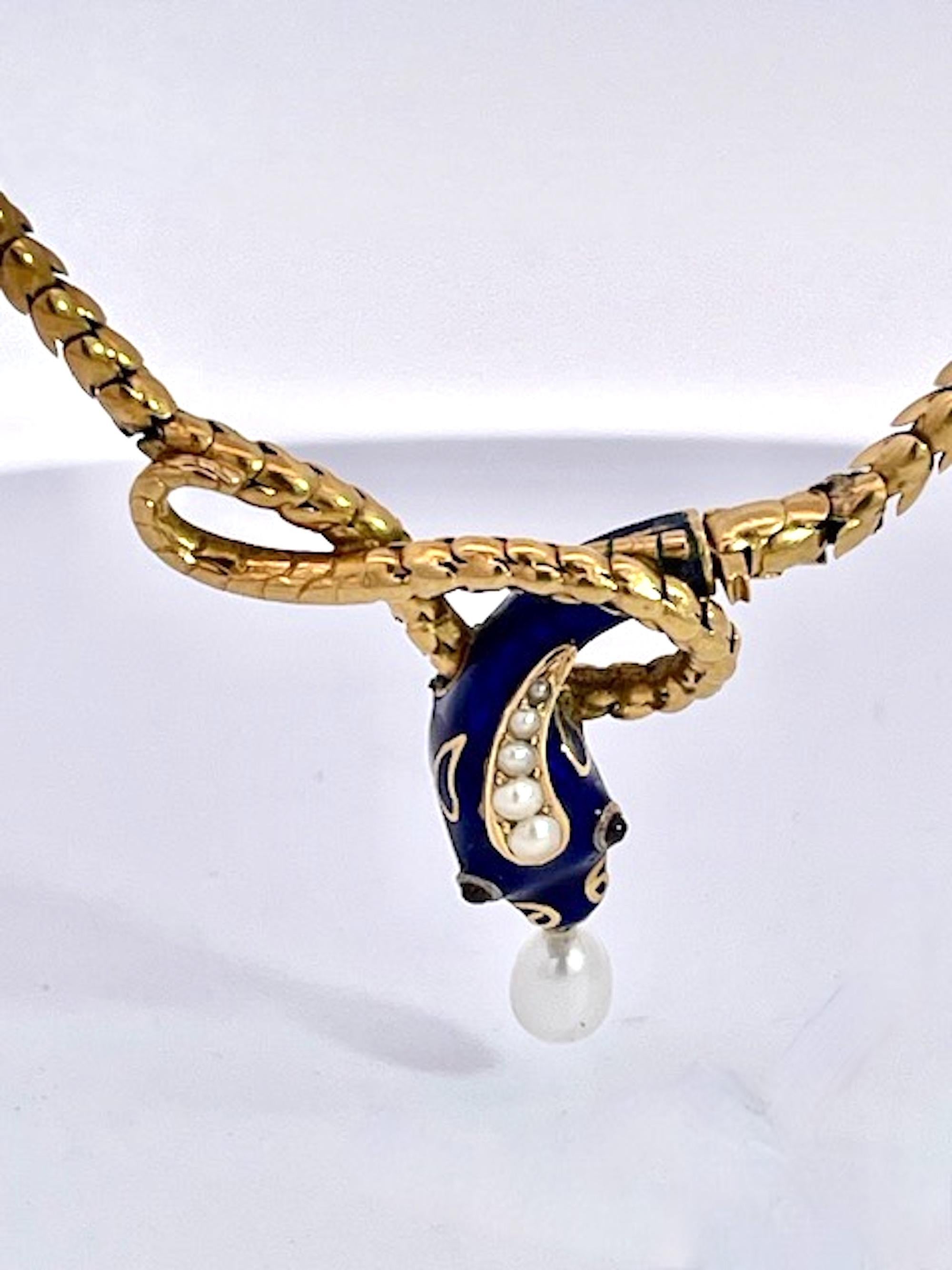 Collar de serpiente Oro amarillo de 15 quilates Esmalte azul cobalto 17 pulgadas Cabujón en venta