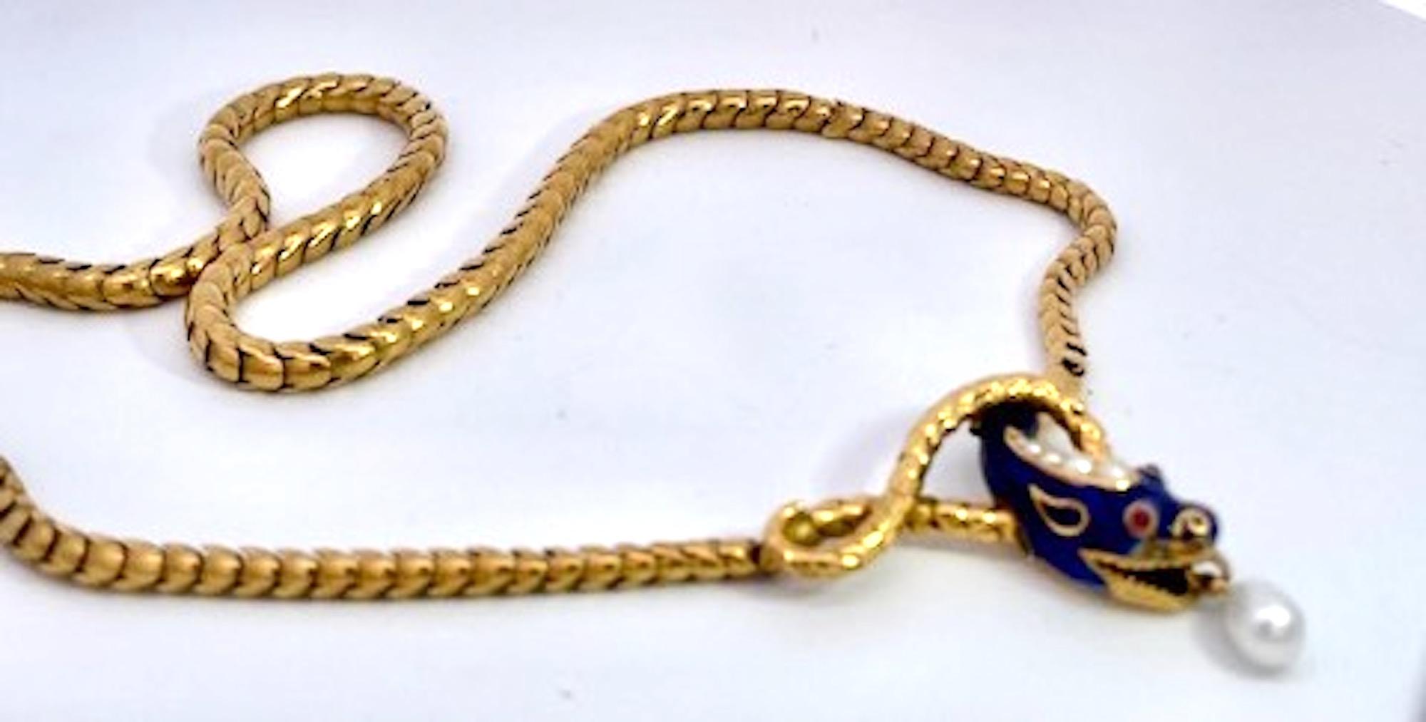 De las mujeres Collar de serpiente Oro amarillo de 15 quilates Esmalte azul cobalto 17 pulgadas en venta