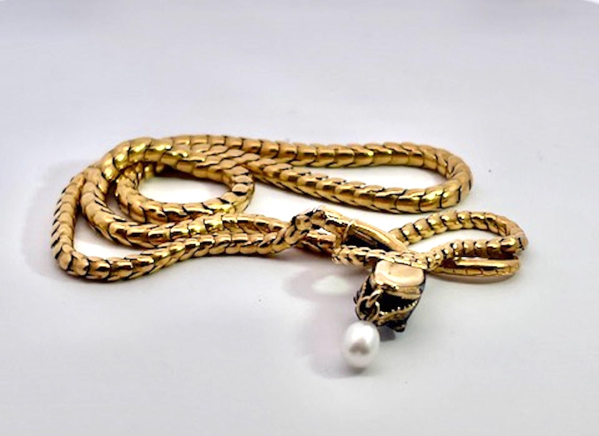 Collar de serpiente Oro amarillo de 15 quilates Esmalte azul cobalto 17 pulgadas en venta 1