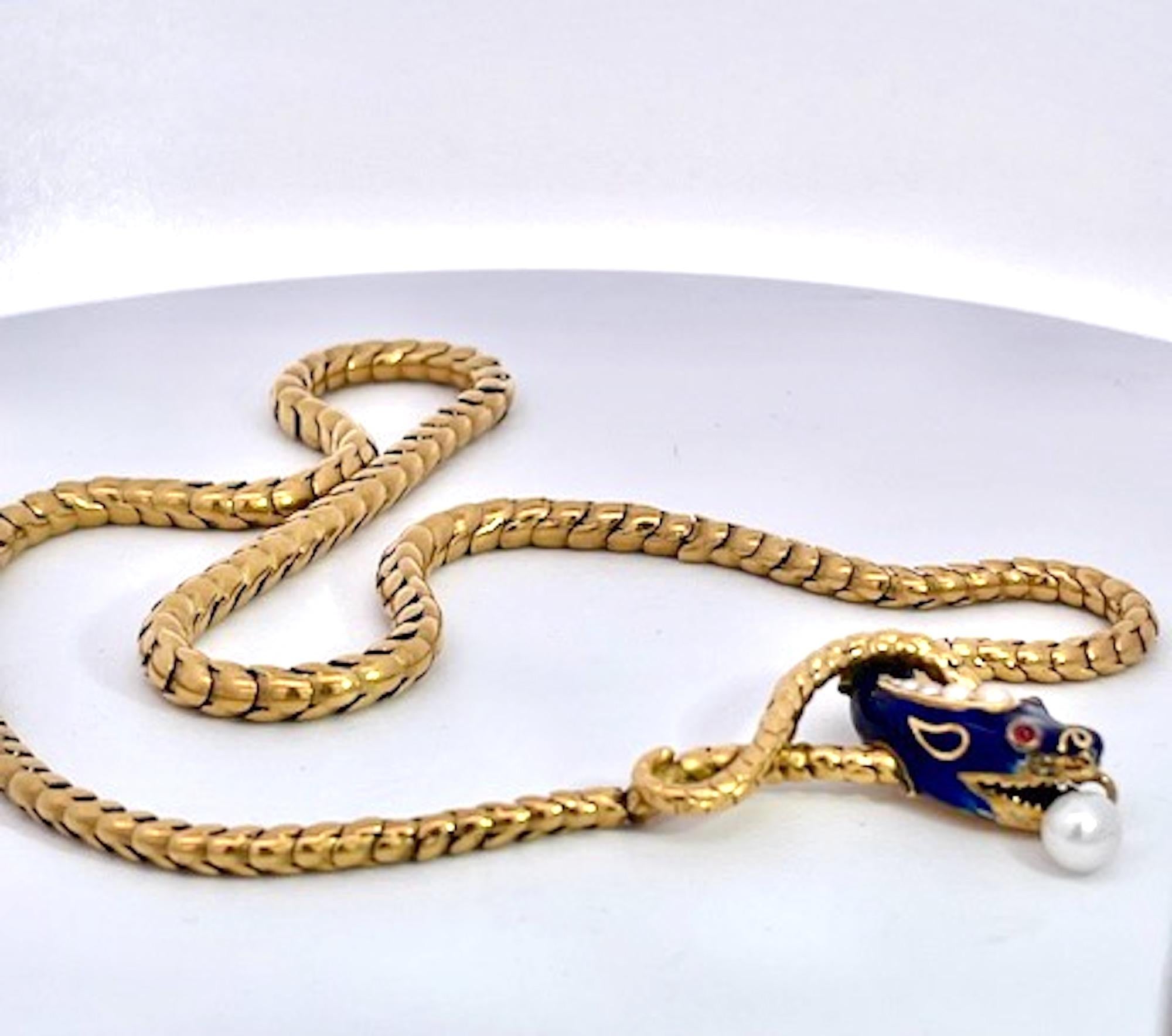 Collar de serpiente Oro amarillo de 15 quilates Esmalte azul cobalto 17 pulgadas en venta 2