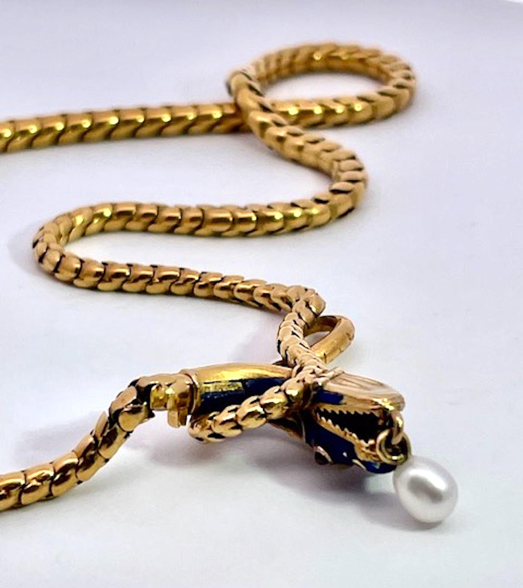 Collar de serpiente Oro amarillo de 15 quilates Esmalte azul cobalto 17 pulgadas en venta 3