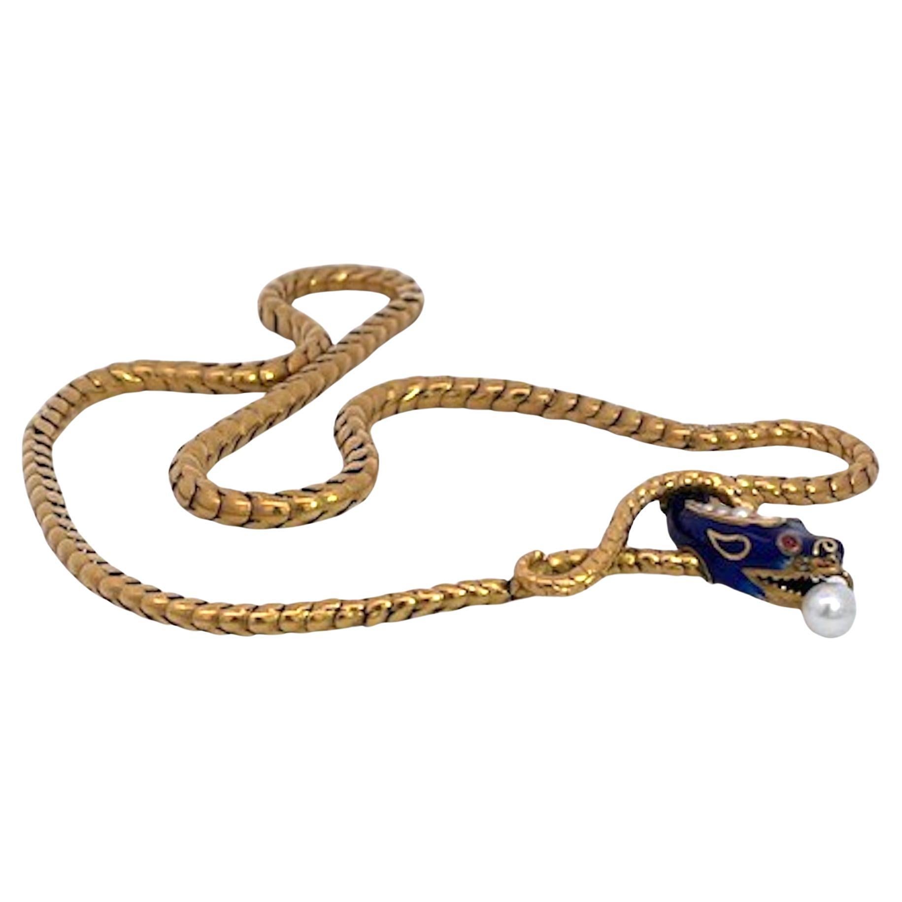 Collar de serpiente Oro amarillo de 15 quilates Esmalte azul cobalto 17 pulgadas en venta