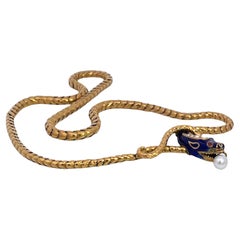 Snake Necklace 15K Yellow Gold Cobalt Blue Enamel 17"