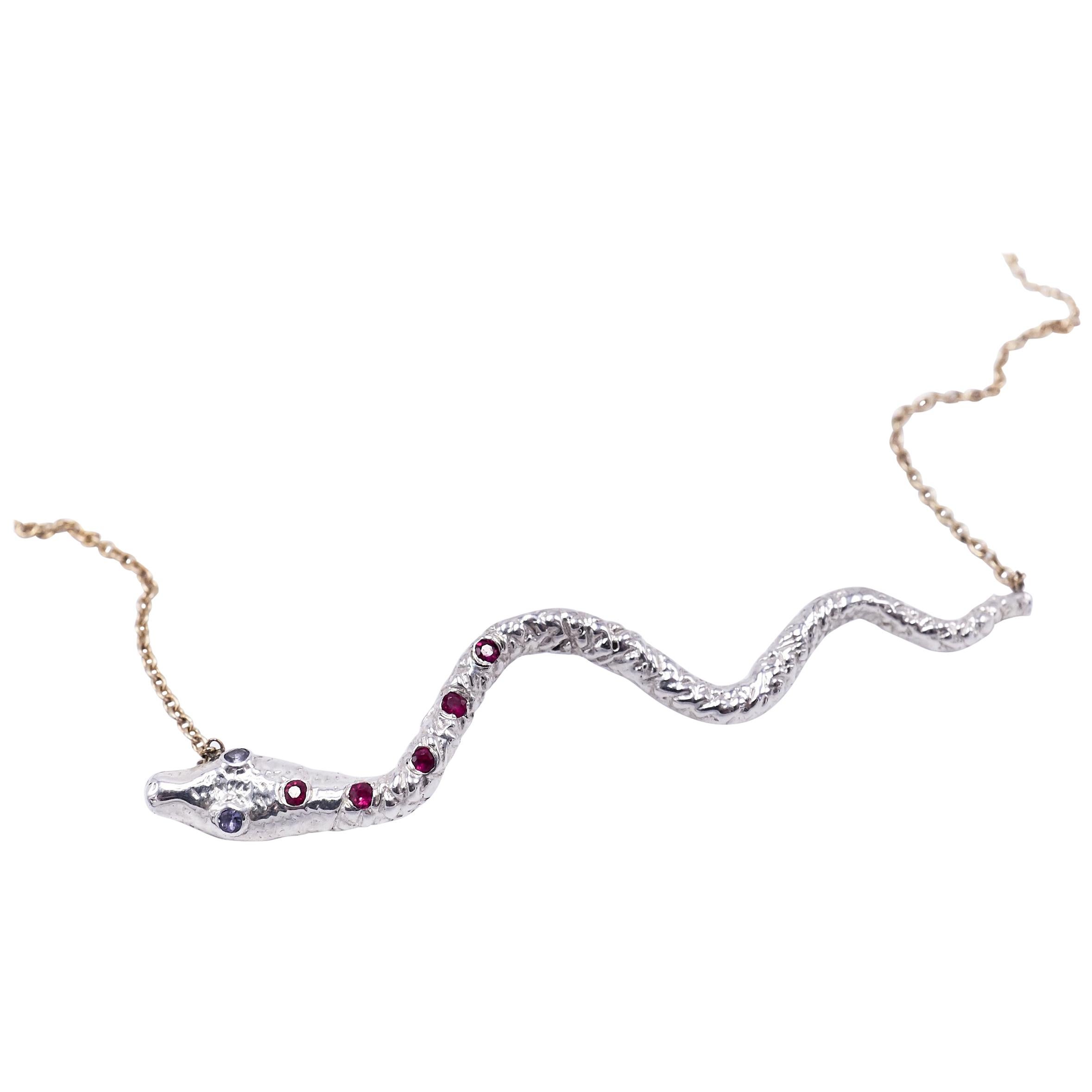 Contemporary Snake Necklace Silver Ruby Iolite Gold Filled Chain J Dauphin For Sale