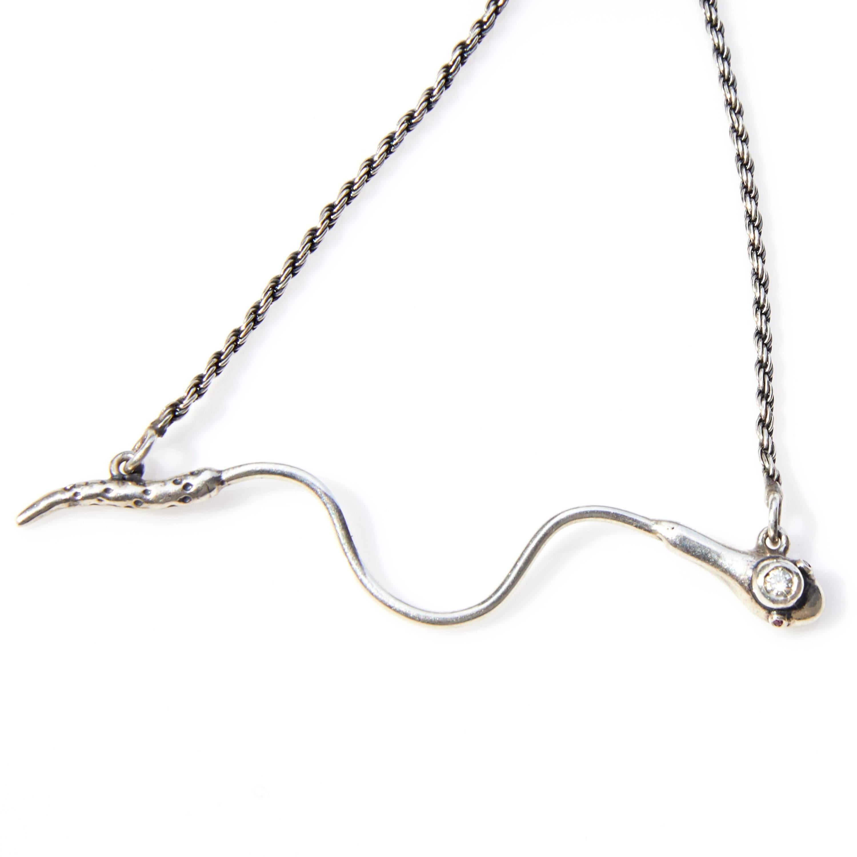 Animal jewelry White Diamond Long Snake Necklace Sterling Silver Ruby Eyes Italian Chain J Dauphin 
J DAUPHIN 