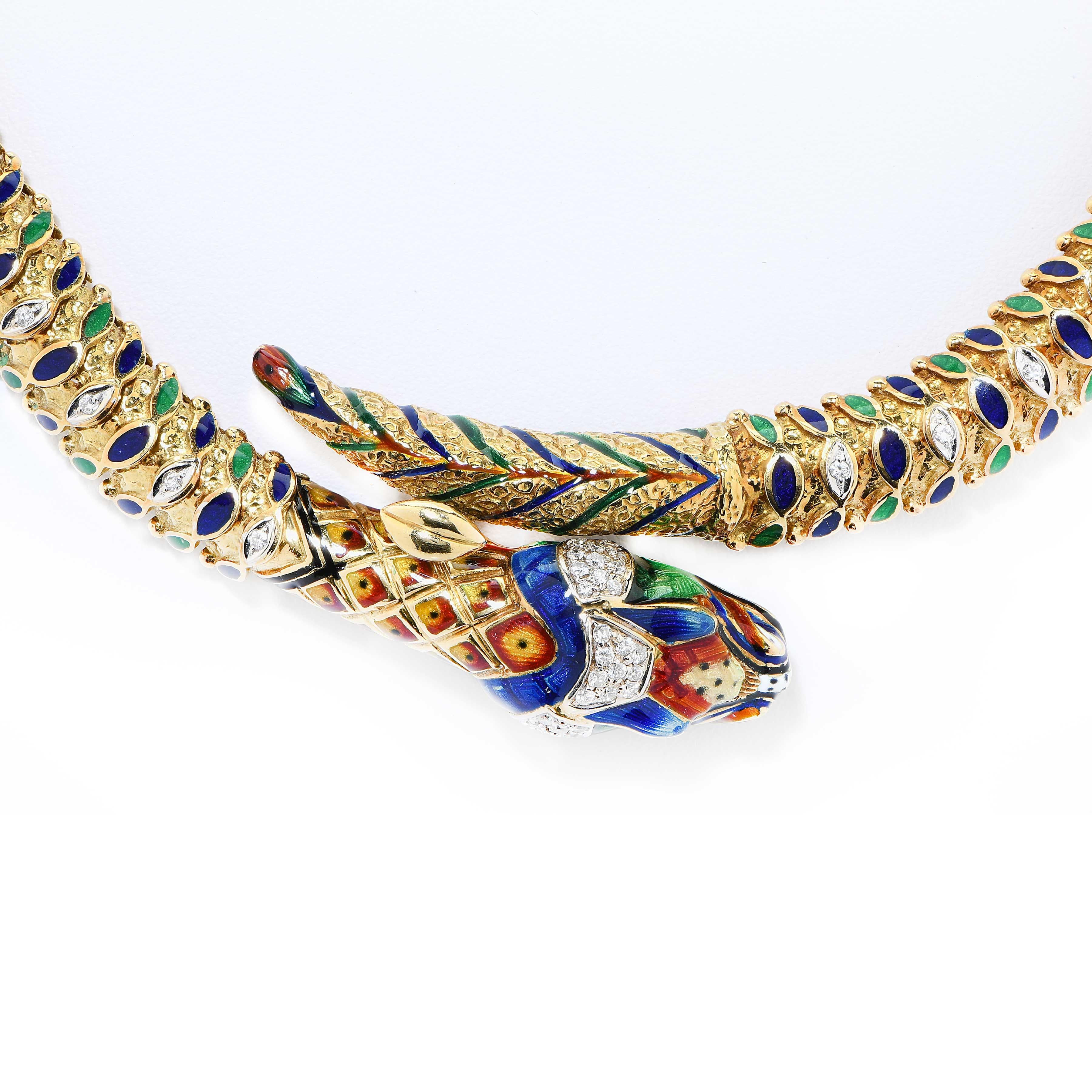 Snake Necklace with Diamonds and Enamel in 18 Karat Yellow Gold
This masterfully crafted 18 Karat Yellow Gold articulated snake necklace features fine enamel work and 82 round brilliant cut diamonds with an estimated total weight of 1 carat. 
Metal