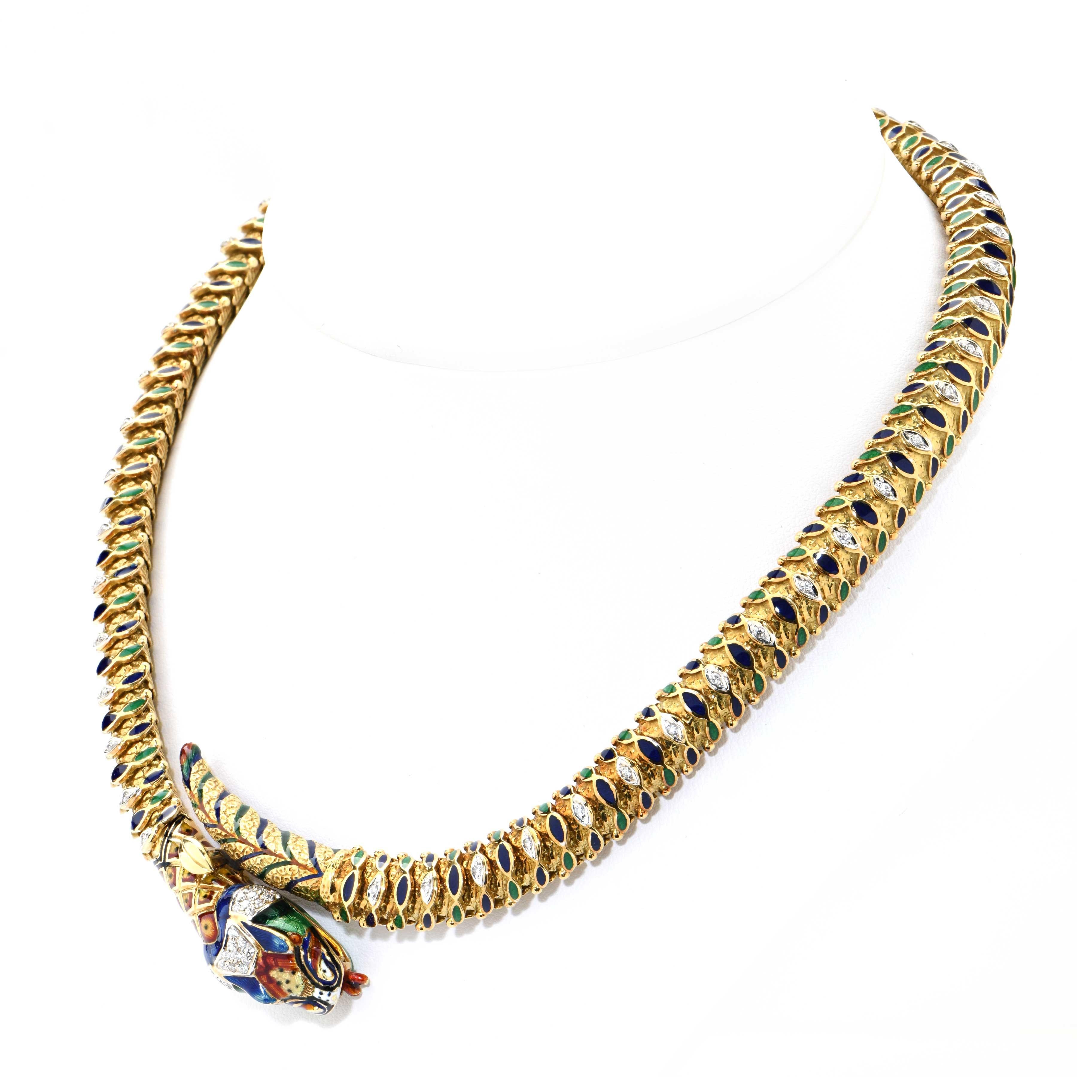 Women's or Men's Snake Necklace with Diamonds and Enamel in 18 Karat Yellow Gold For Sale
