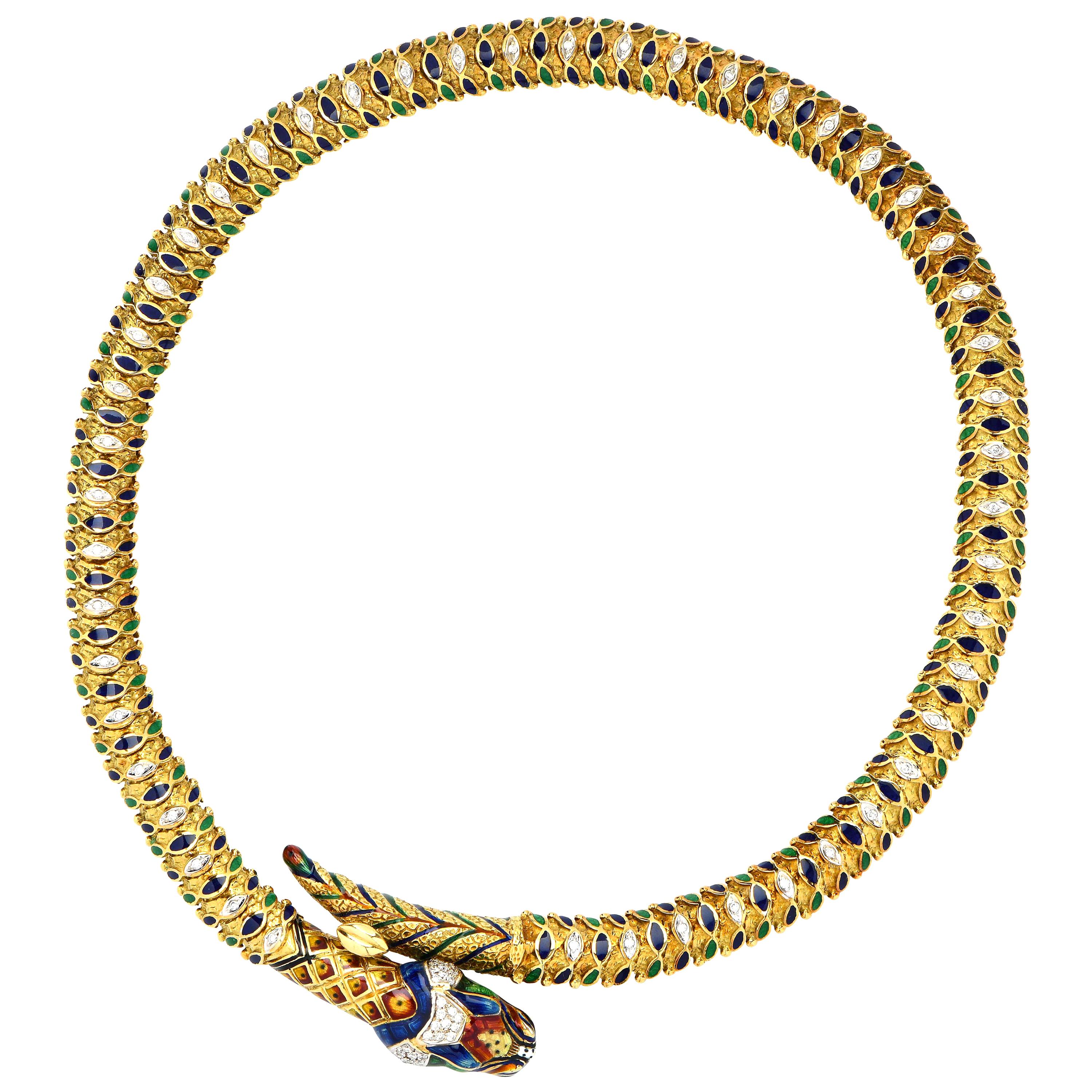 Snake Necklace with Diamonds and Enamel in 18 Karat Yellow Gold
