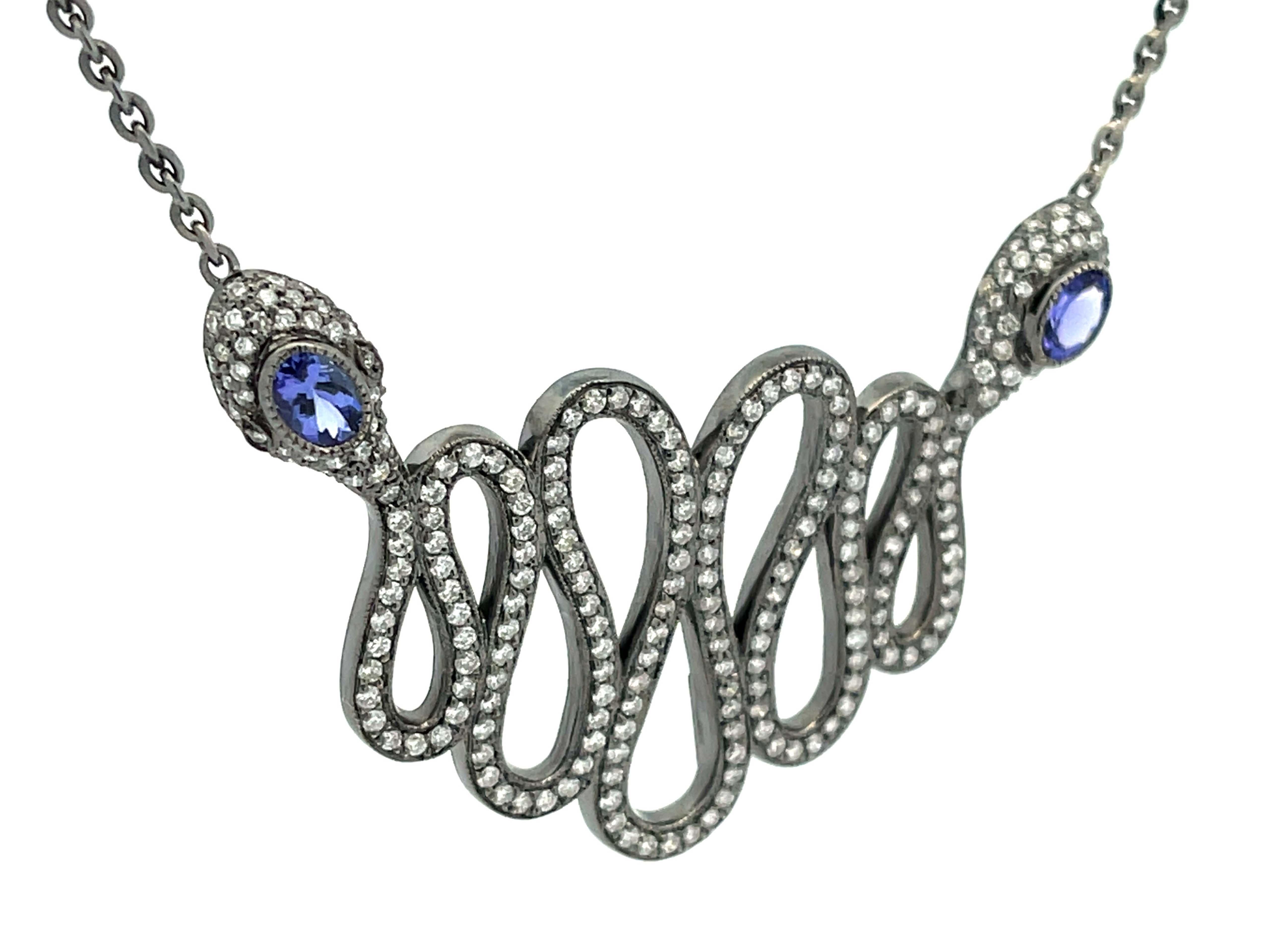 Snake Necklace with Diamonds and Tanzanite in 18k Black Gold In New Condition For Sale In Honolulu, HI