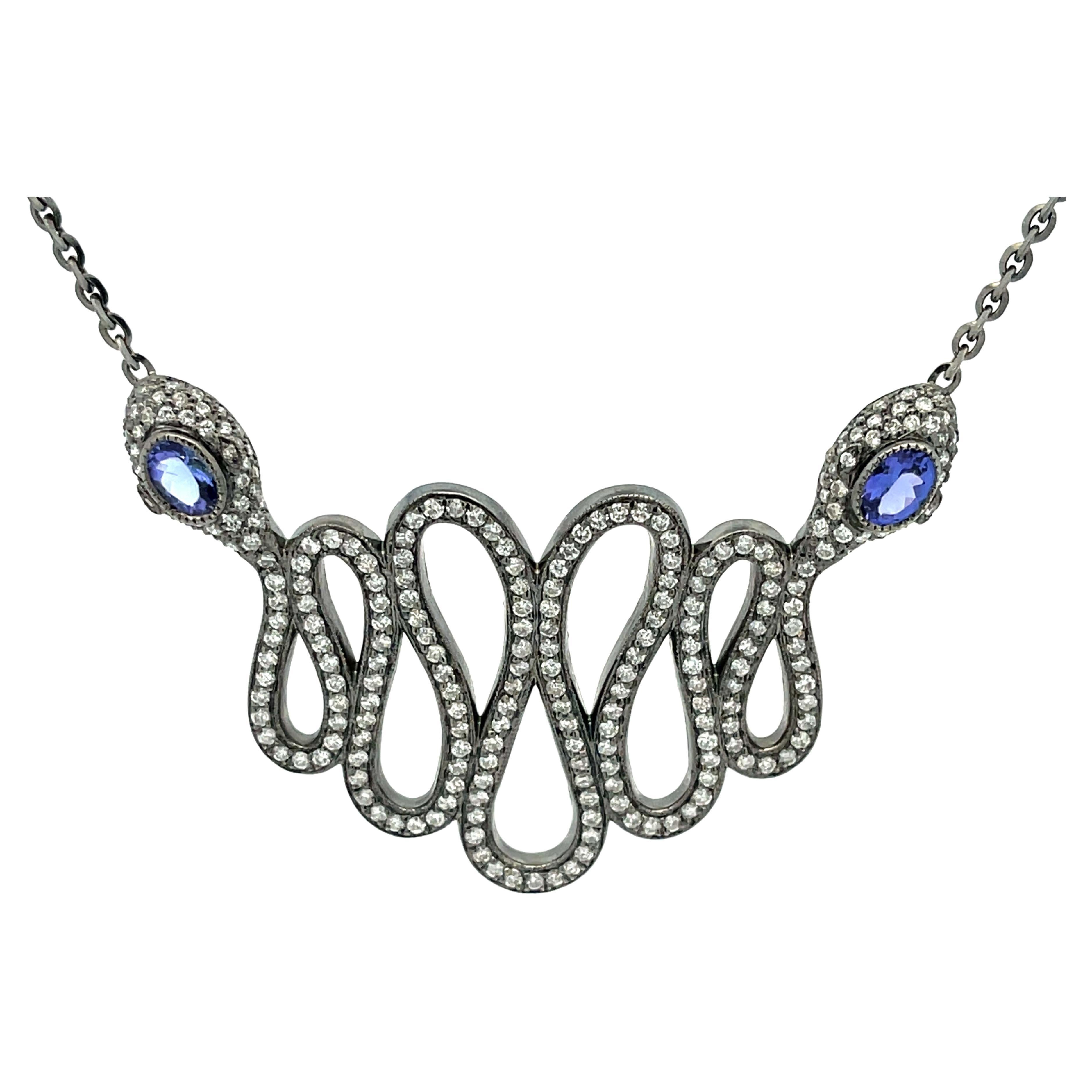 Snake Necklace with Diamonds and Tanzanite in 18k Black Gold For Sale