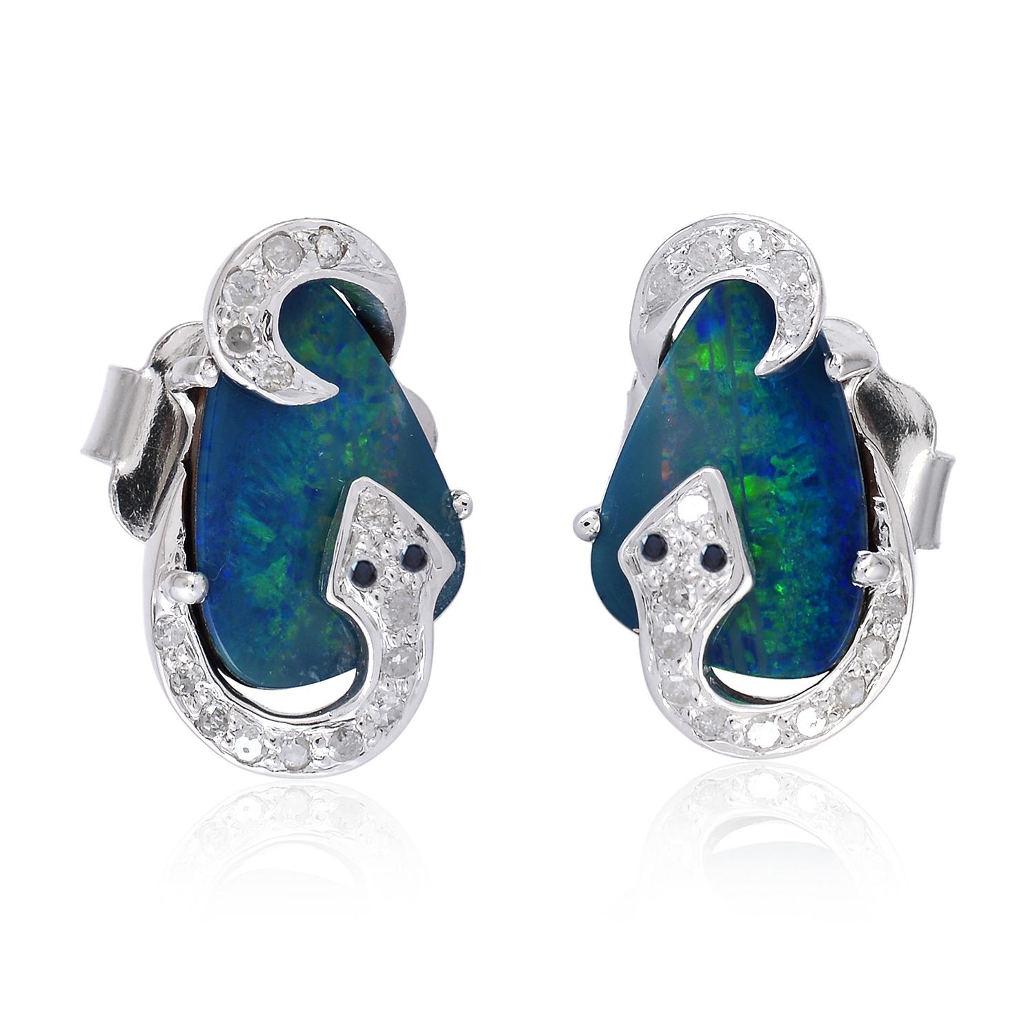 Mixed Cut Snake Opal Diamond Stud Earrings For Sale