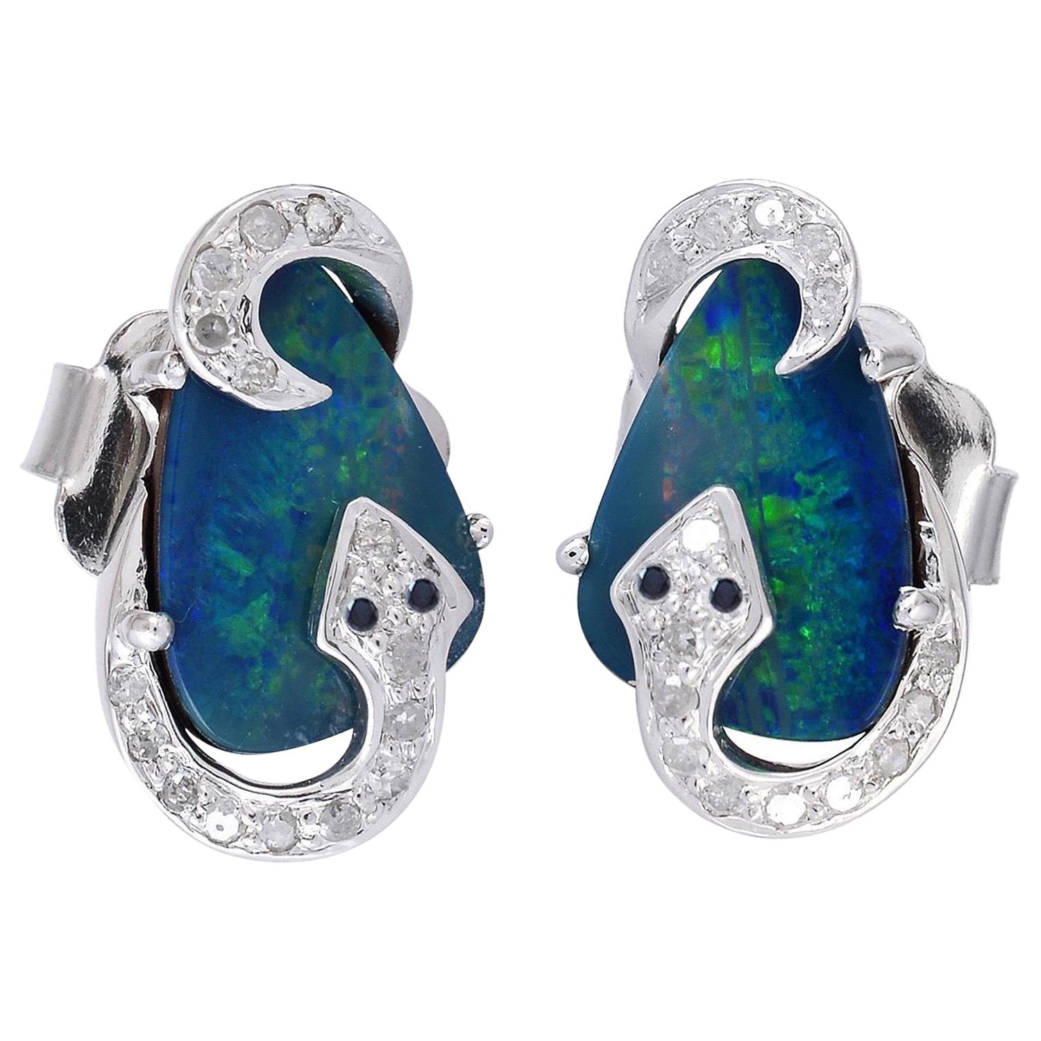 Snake Opal Diamond Stud Earrings