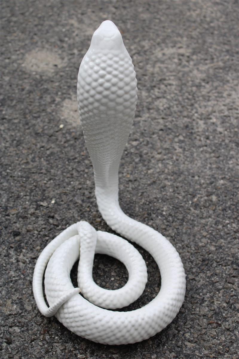 Italian Snake Ornamental Sculpture in White and Gold Ceramic Tommaso Barbi, 1970s For Sale