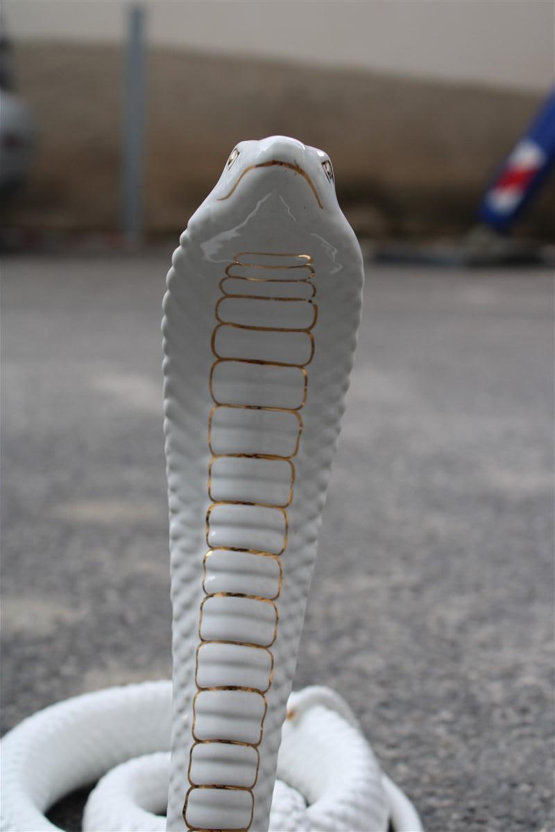 Snake Ornamental Sculpture in White and Gold Ceramic Tommaso Barbi, 1970s In Good Condition For Sale In Palermo, Sicily
