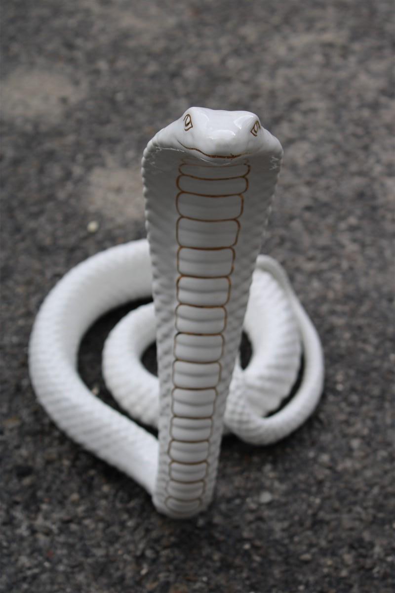 Late 20th Century Snake Ornamental Sculpture in White and Gold Ceramic Tommaso Barbi, 1970s For Sale