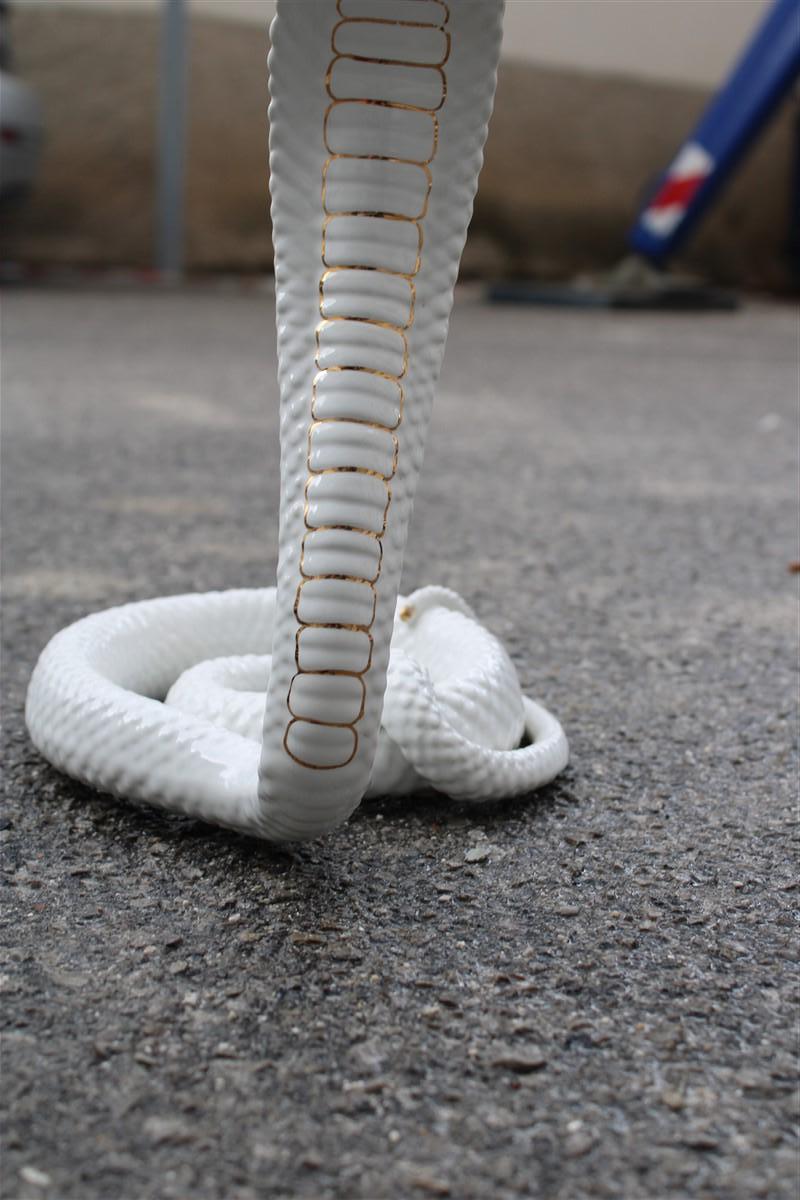Snake Ornamental Sculpture in White and Gold Ceramic Tommaso Barbi, 1970s For Sale 1