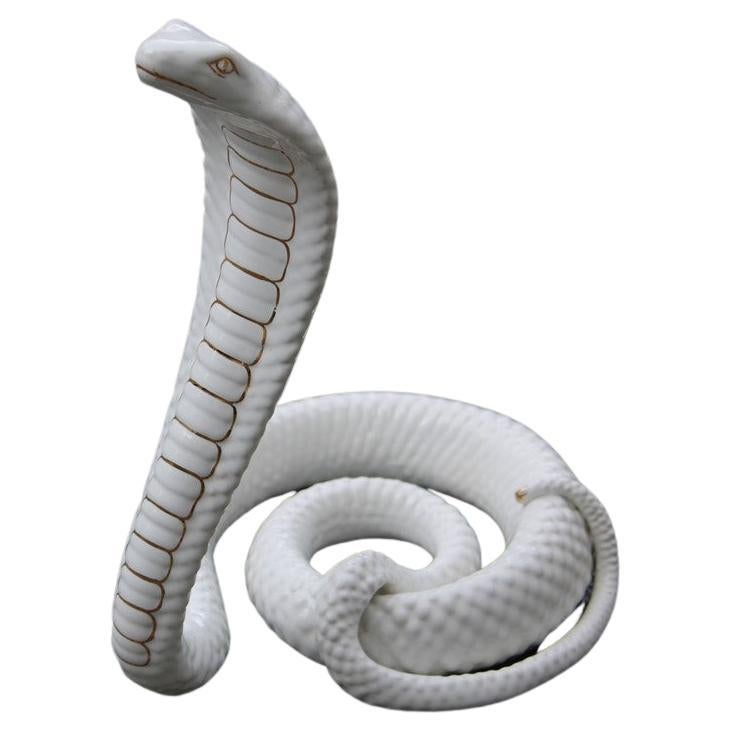 Snake Ornamental Sculpture in White and Gold Ceramic Tommaso Barbi, 1970s For Sale