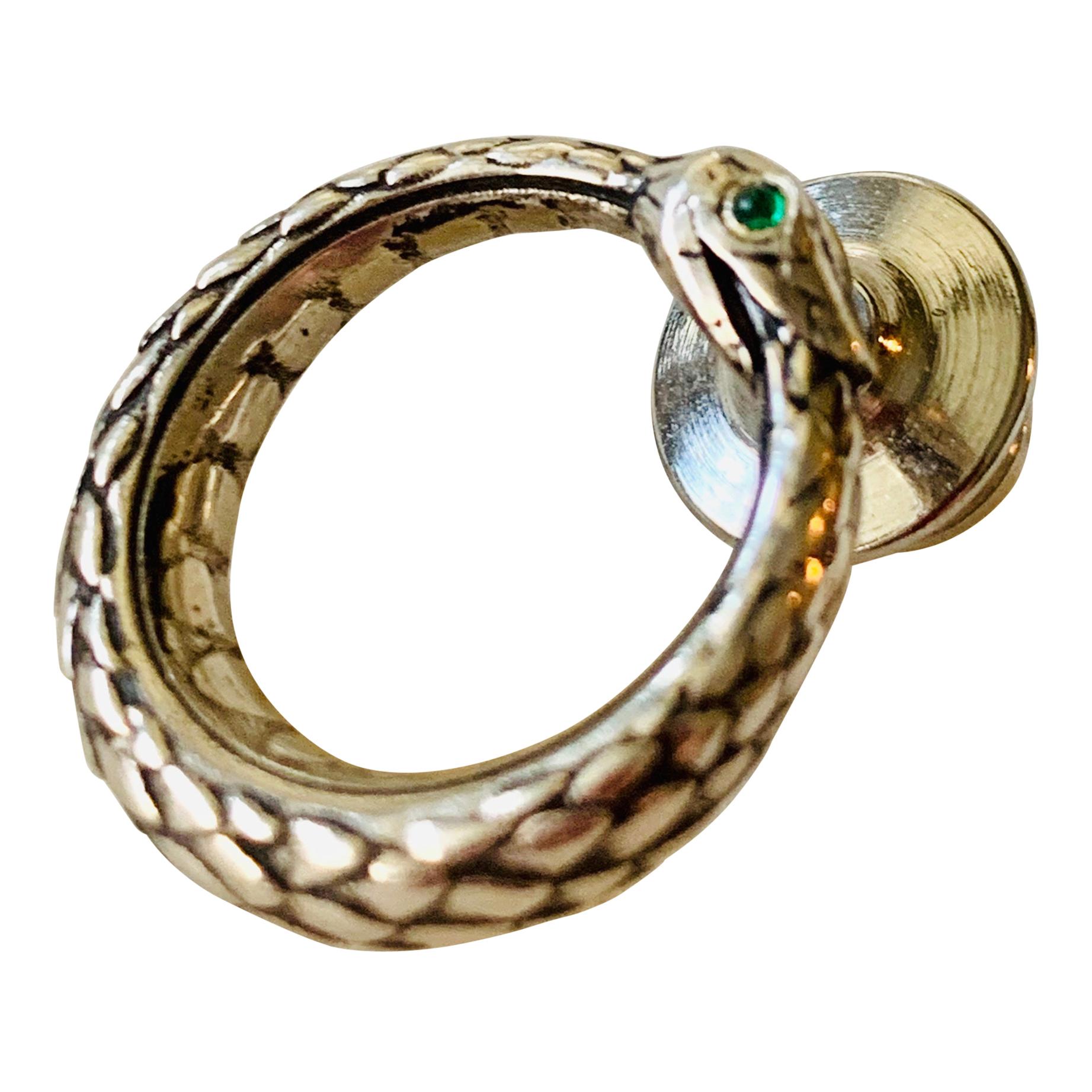 Snake Ouroboros Sterling silver, Emerald Lapel Pin For Sale