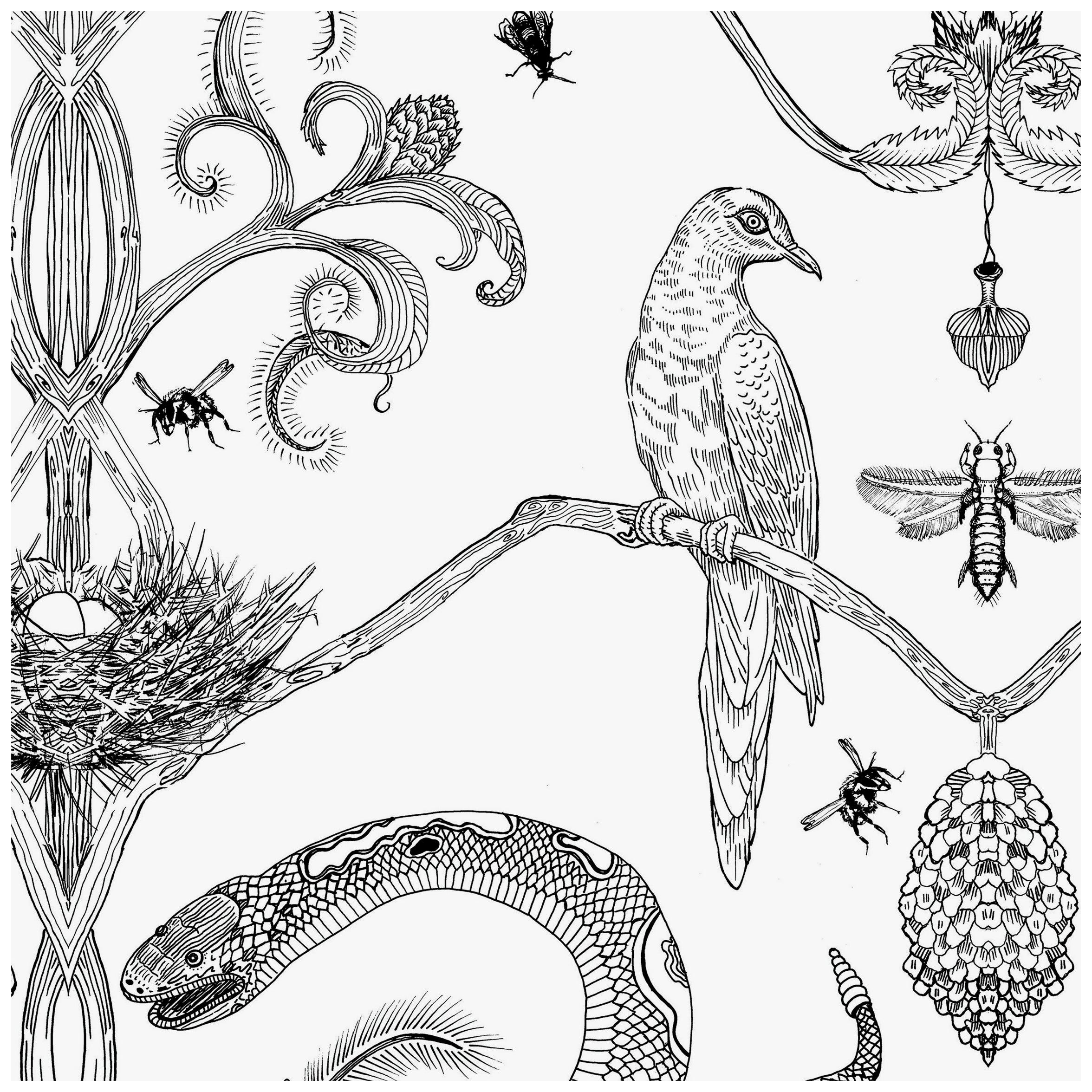 Snake Party in Black and White-Smooth Wallpaper with Hand Drawn Animals For Sale