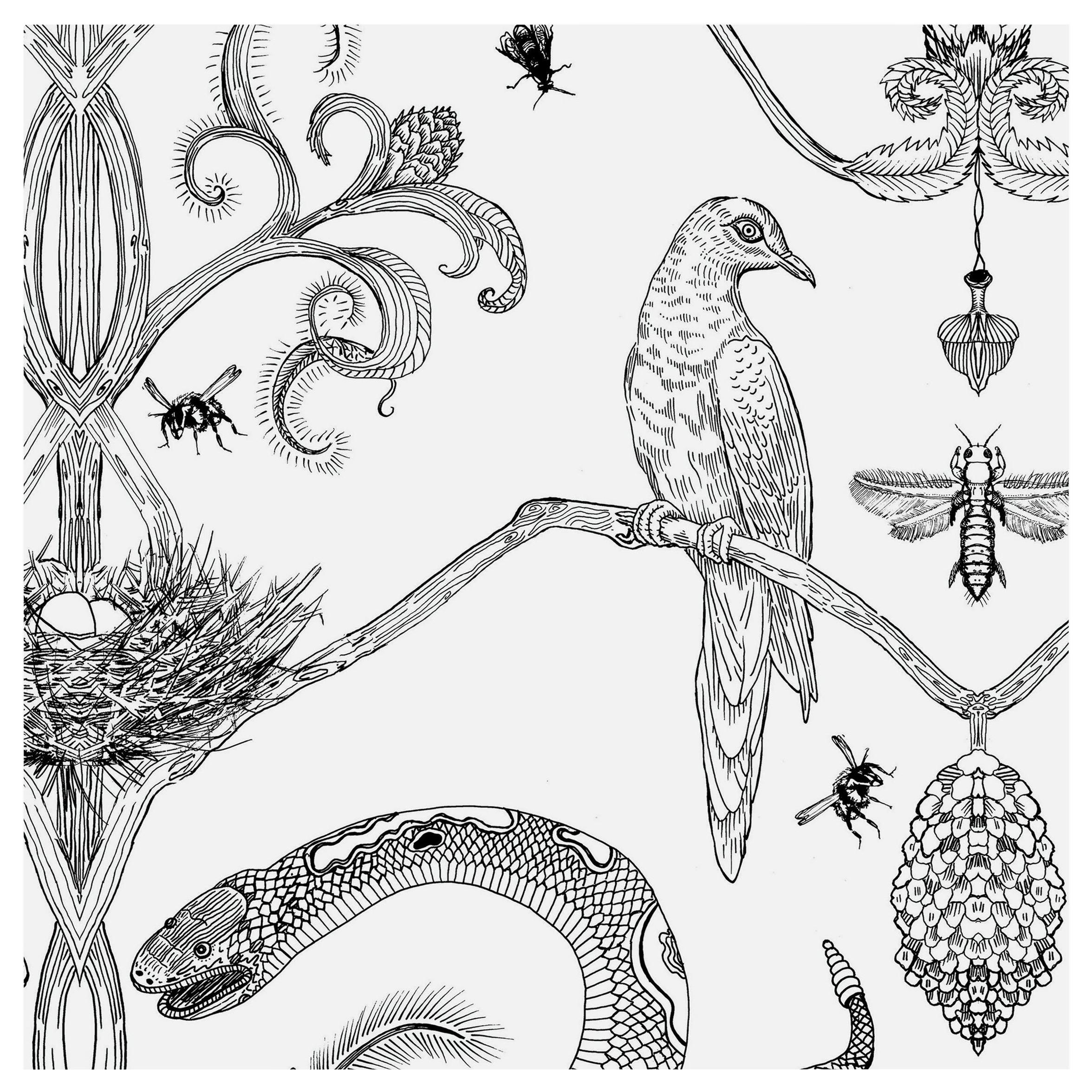 Snake Party in Black and White-Smooth Wallpaper with Hand Drawn Animals For Sale